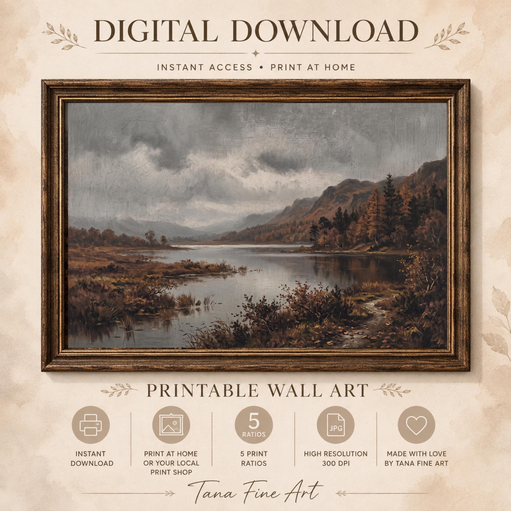 Autumn Lake Wall Art | Lake District Inspired Print | Moody Vintage Landscape Digital Download