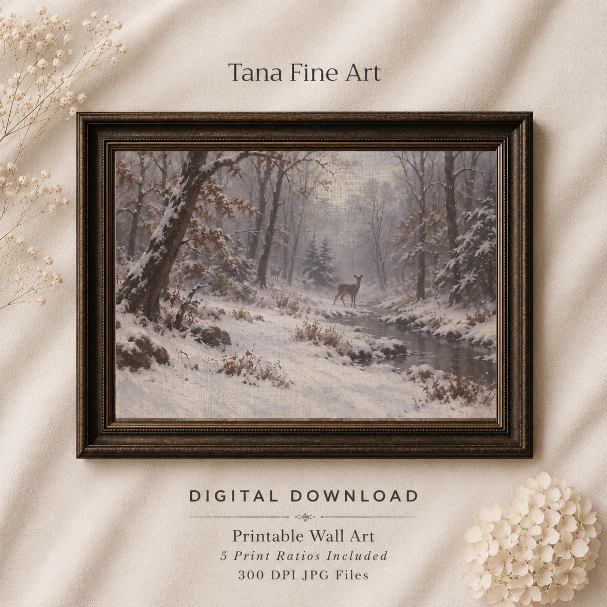 Deer beside the Snowy Forest Stream