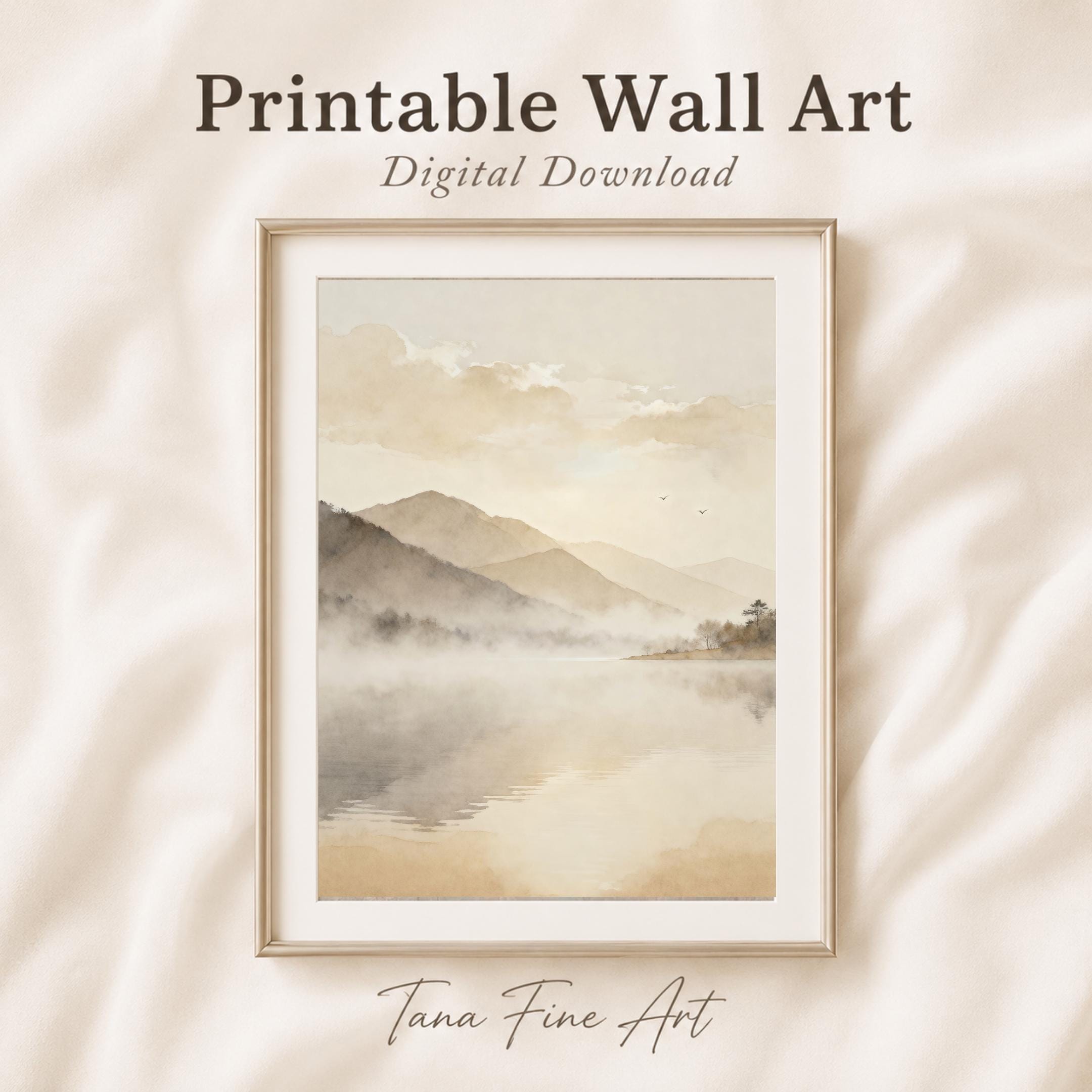 Neutral Misty Mountain Lake Printable Wall Art, Minimal Landscape Serene Bedroom Decor Digital Download