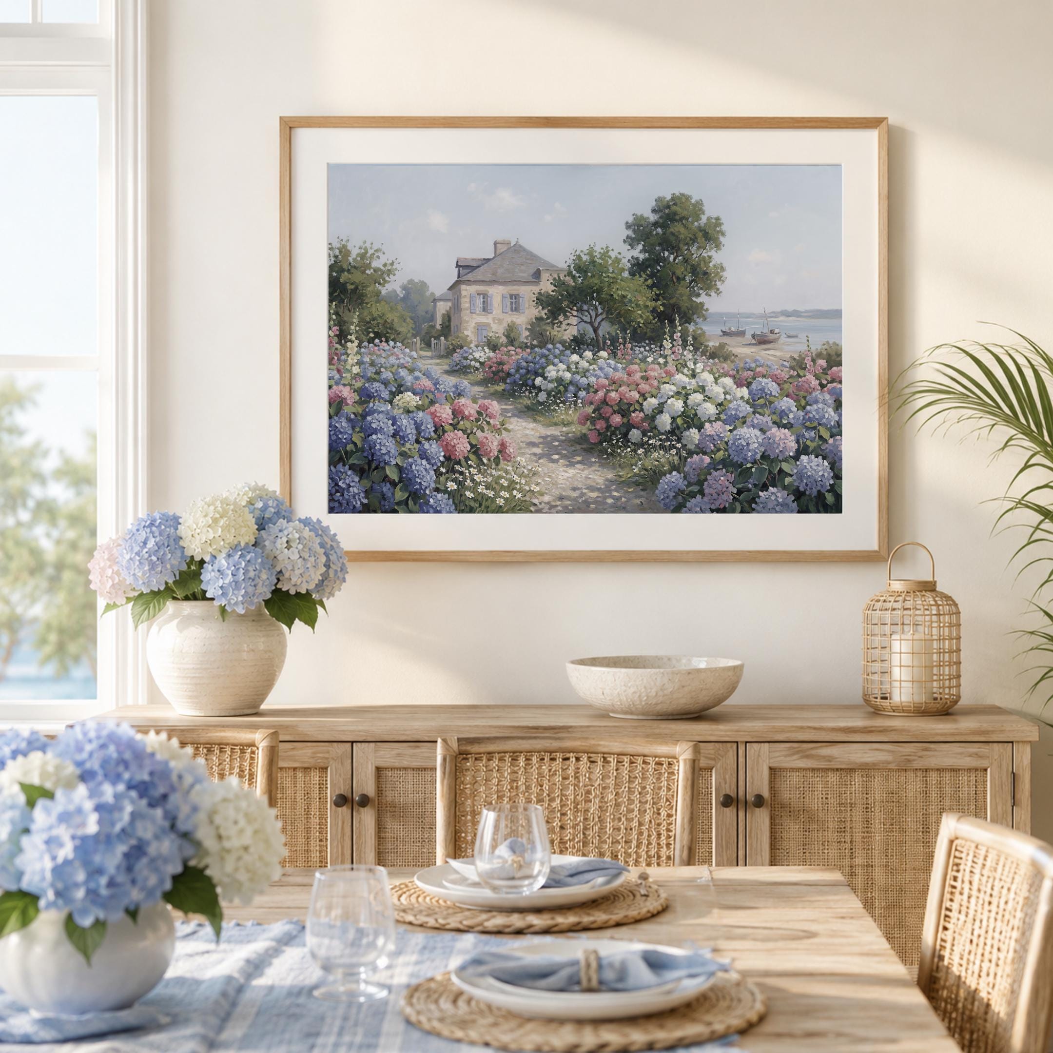 Coastal Hydrangea Garden Print, Seaside Cottage Floral Landscape, Summer Decor (Digital Download) — image 6