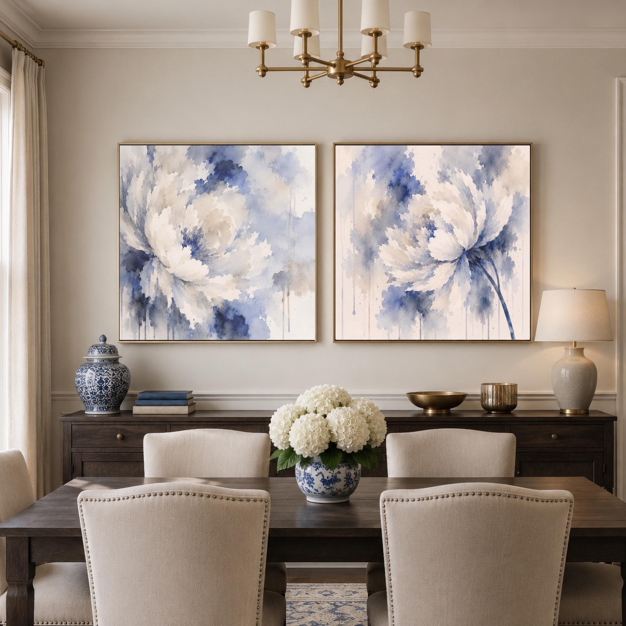 Watercolor Floral Wall Art Set of 2, Blue White Abstract Flower Prints (Digital Download) — image 2