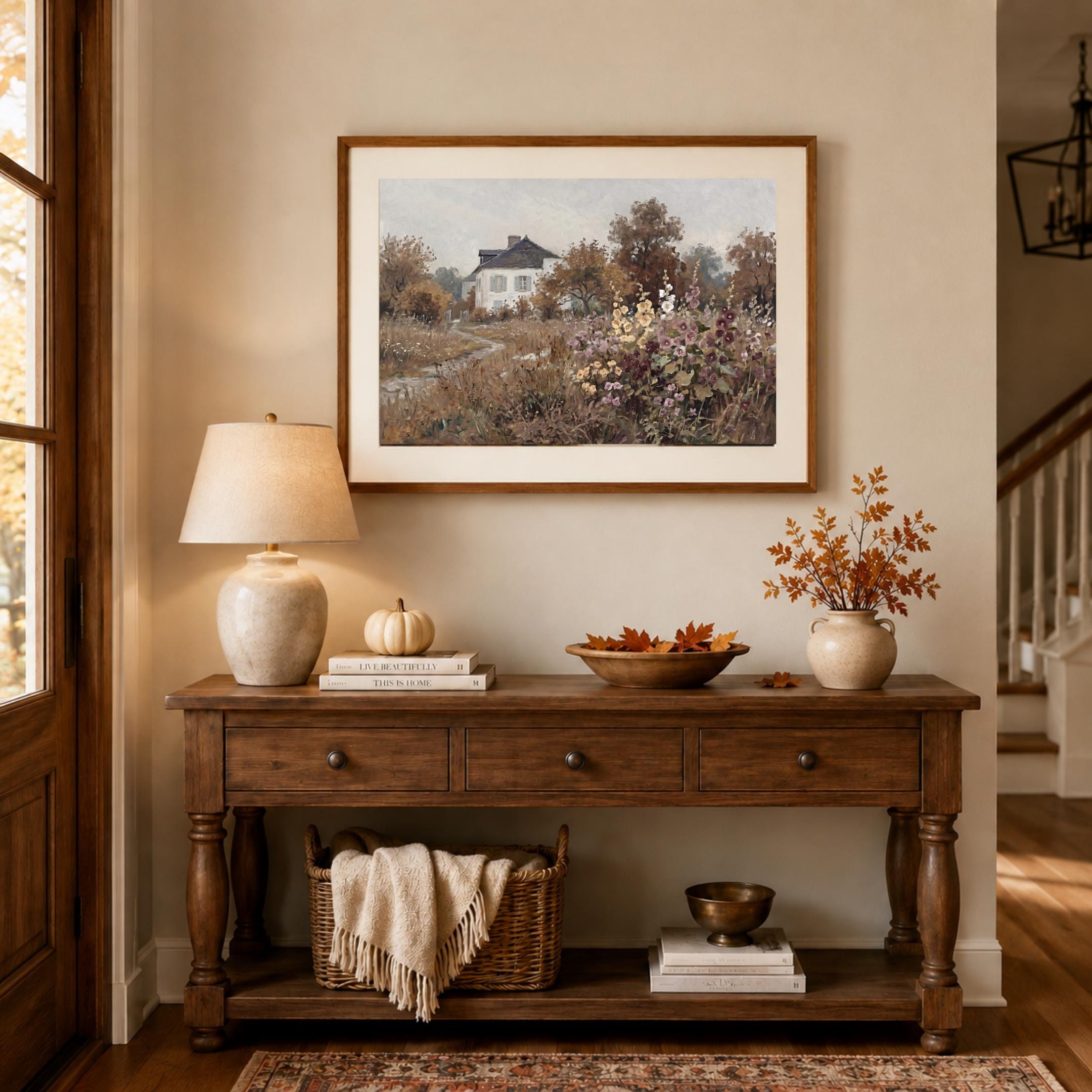 Vintage Fall Cottage Garden Wall Art, Moody Autumn, Garden path Painting (Digital Download) — image 3