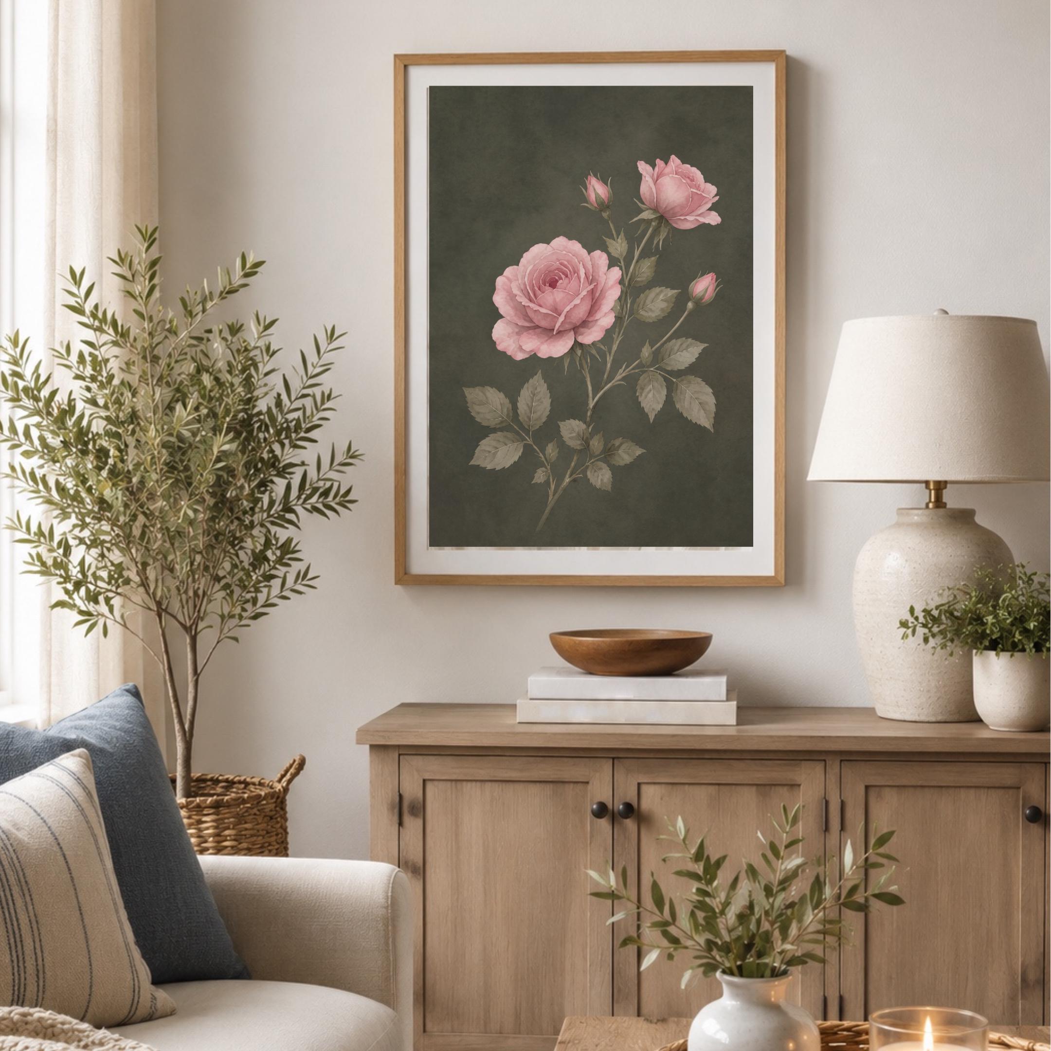 Moody June Birth Flower Print | Pink Rose Wall Art | Vintage Botanical Digital Download — image 9