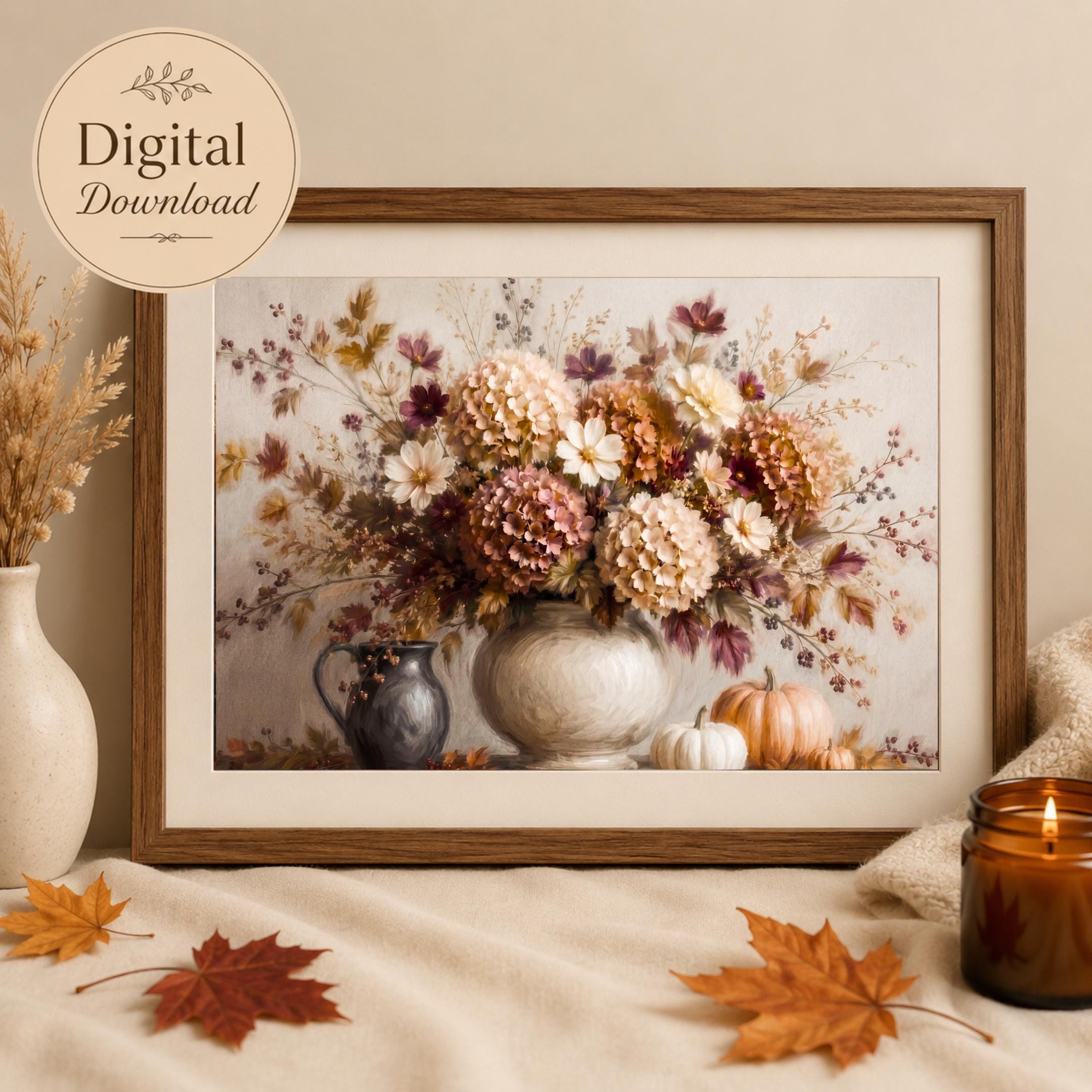 Fall Floral Centerpiece Wall Art, Pumpkin Hydrangea Still Life Print, Thanksgiving Decor (Digital Download) — image 5