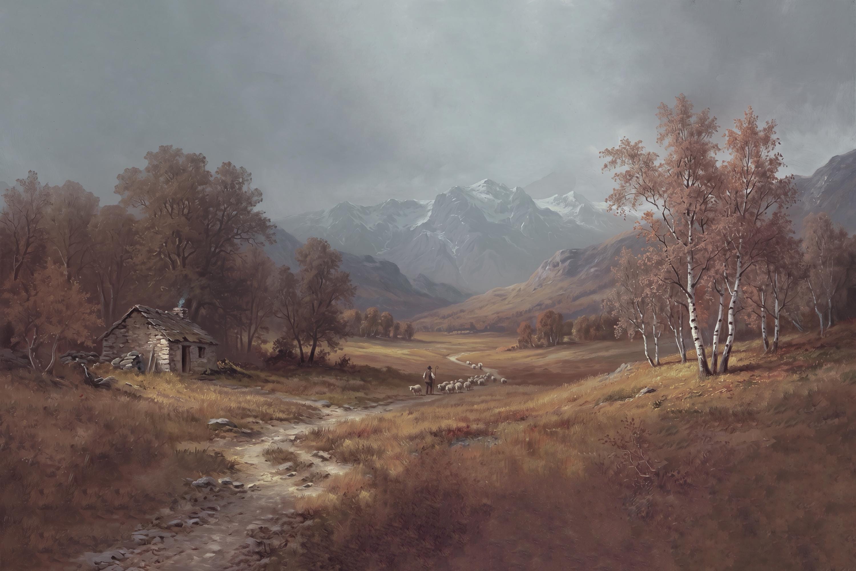 Moody Autumn Pastoral Landscape Mountain Wall Art, Farm Landscape Print (Digital Download) — image 2