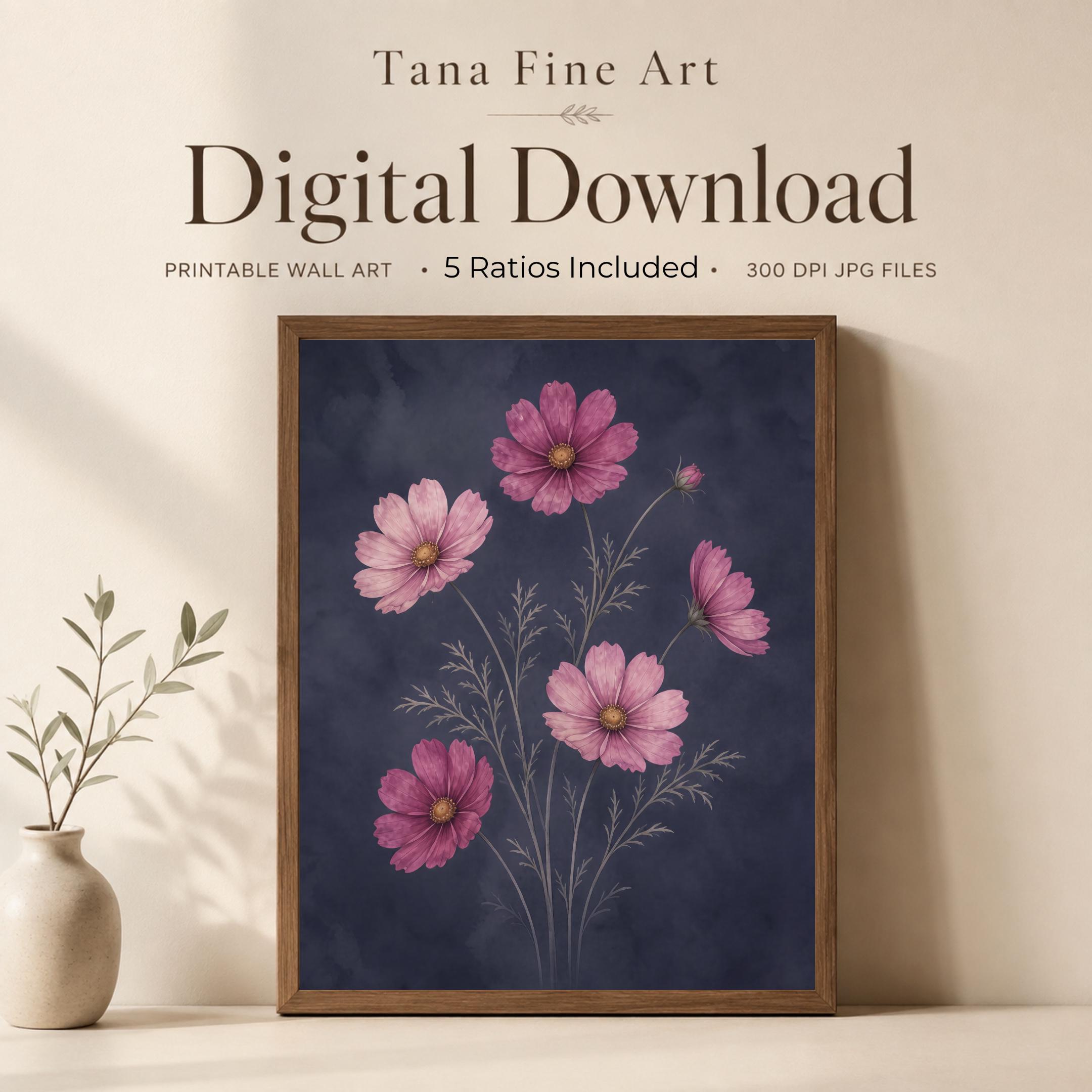 Moody October Birth Flower Print | Cosmos Flower Wall Art | Botanical Digital Download