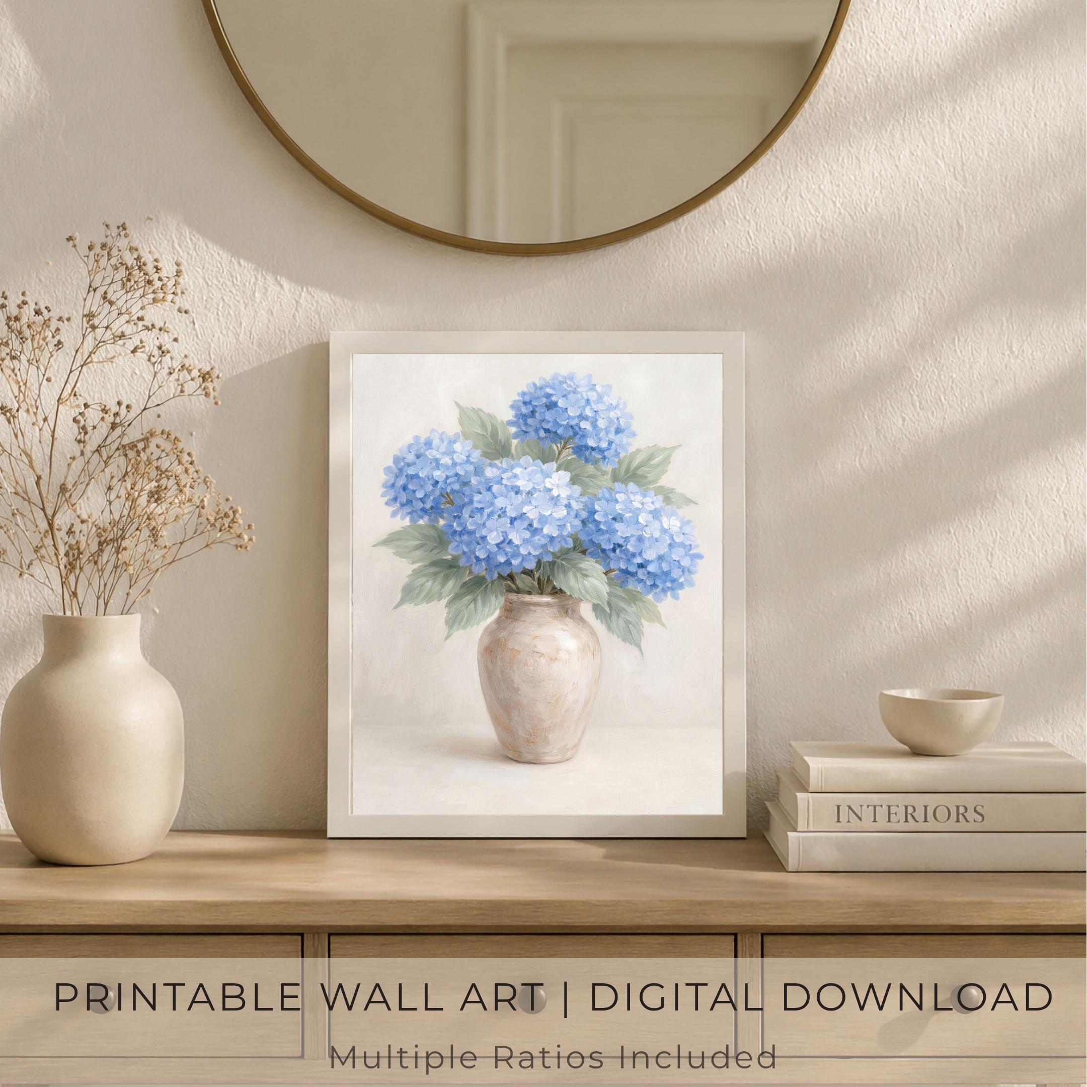 Neutral Blue Hydrangea BathRoom Wall Art | Floral Vase Art Printable (Digital Download) — image 3