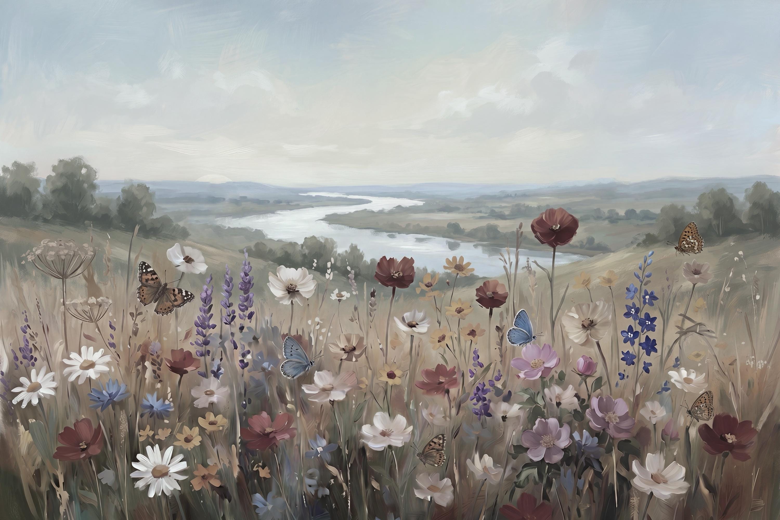 Meadow Floral Landscape Print, Summer Wildflower Butterfly Print, Cottage Countryside Decor (Digital Download) — image 2