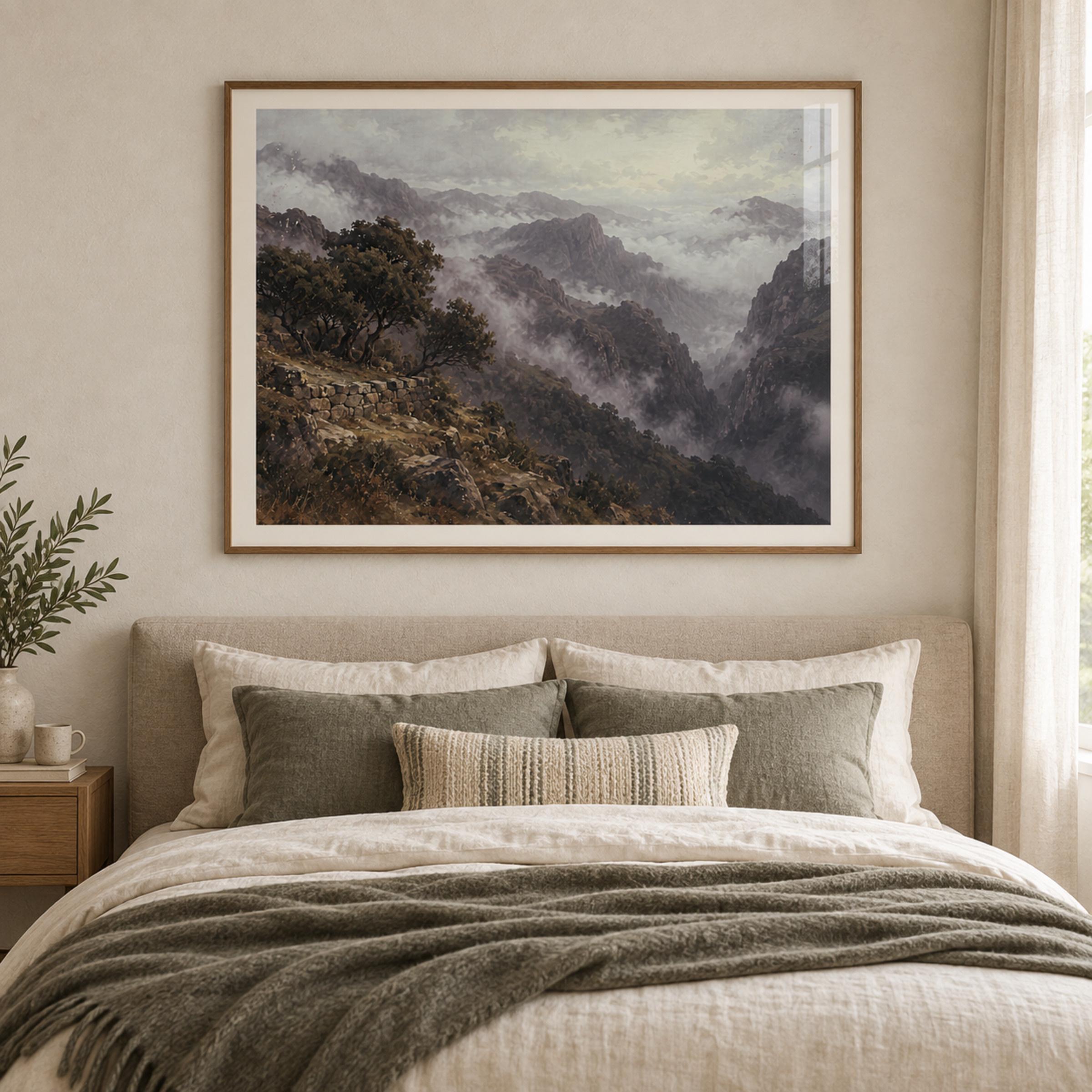 Vintage Misty Mountain Wall Art, Moody Valley Landscape, Rustic Wilderness Dark Academia, Digital Download — image 5