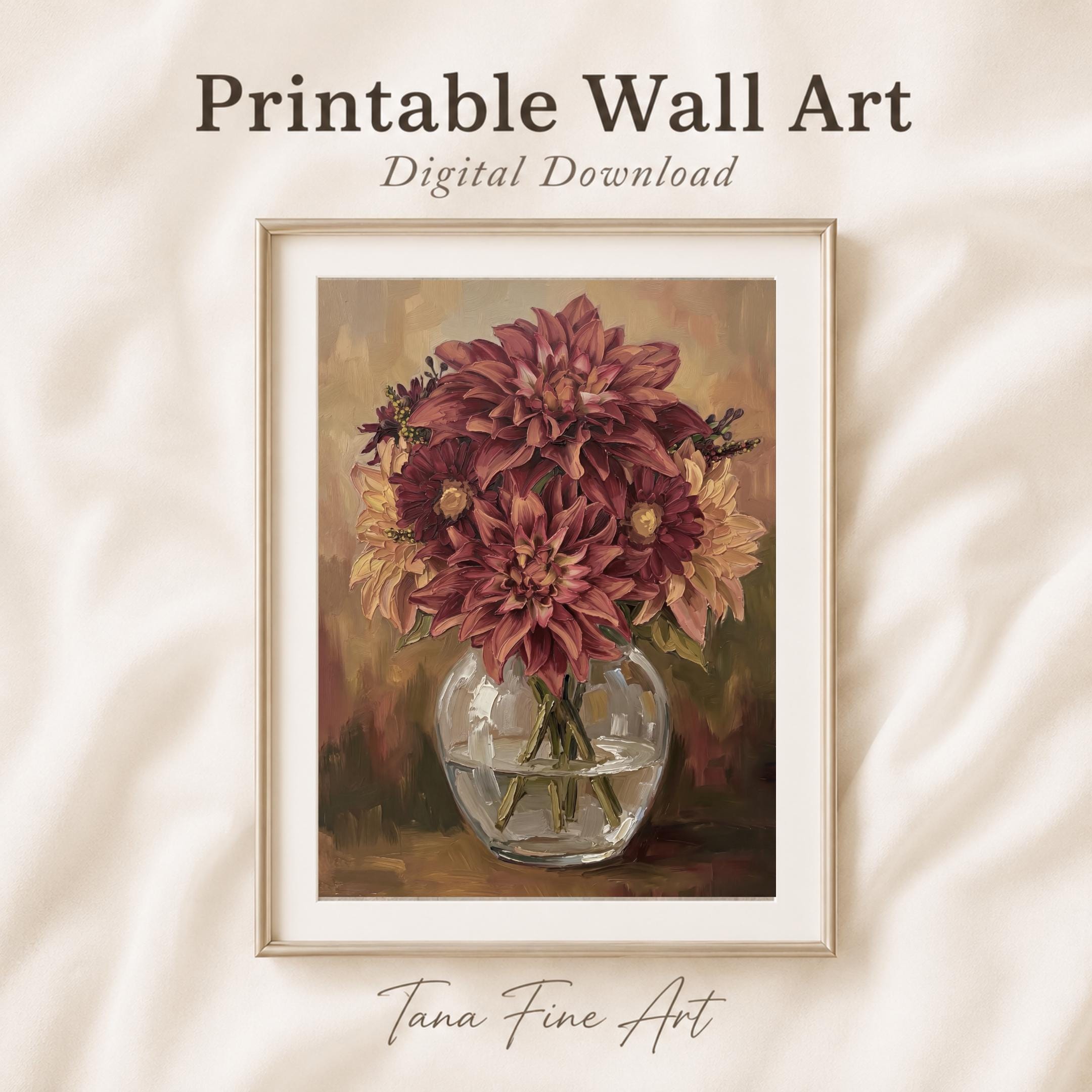 Burgundy Dahlia Vase Printable Wall Art, Moody Autumn Floral Rustic Home Decor Digital Download — image 4