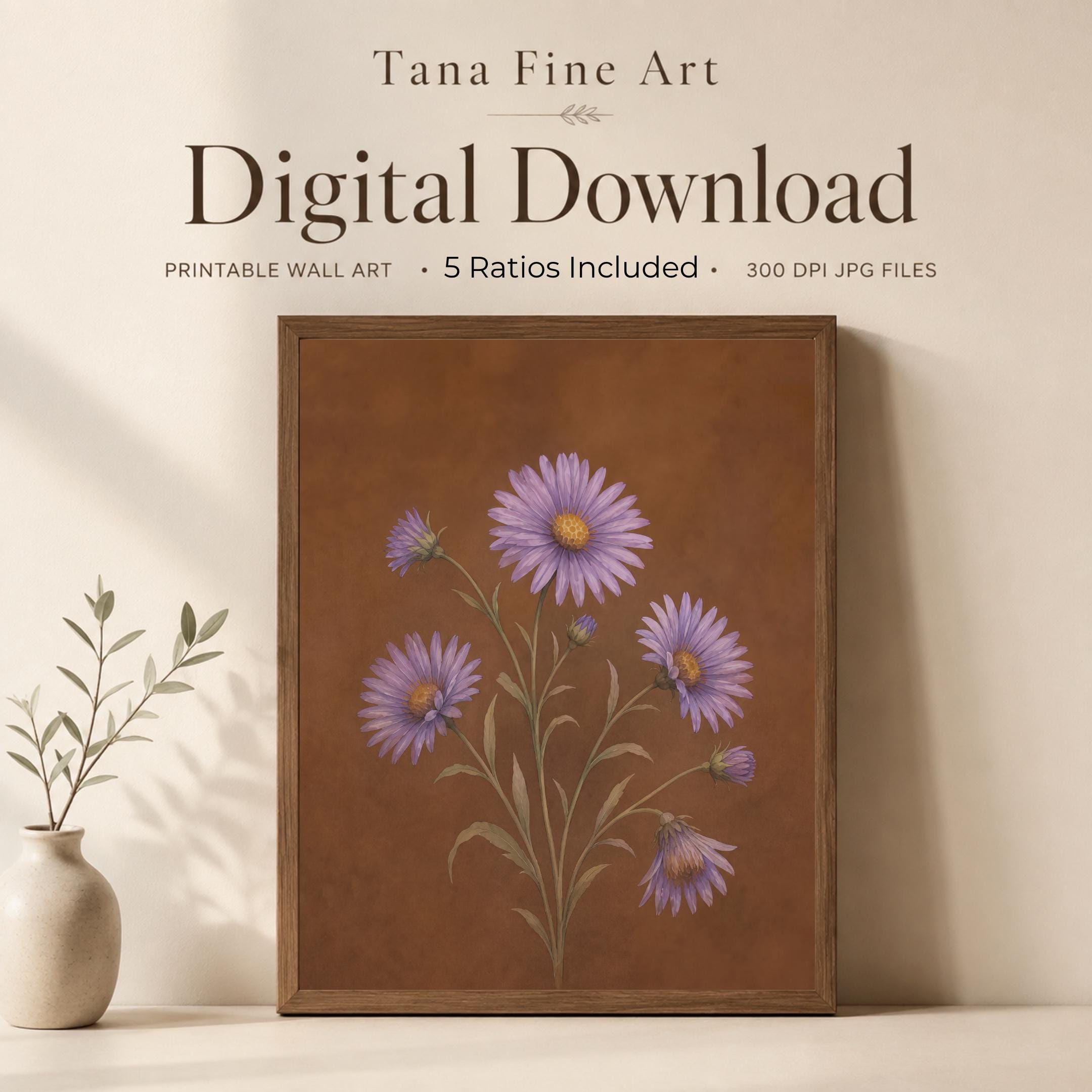 Moody September Birth Flower Print | Aster Wall Art | Vintage Botanical Digital Download