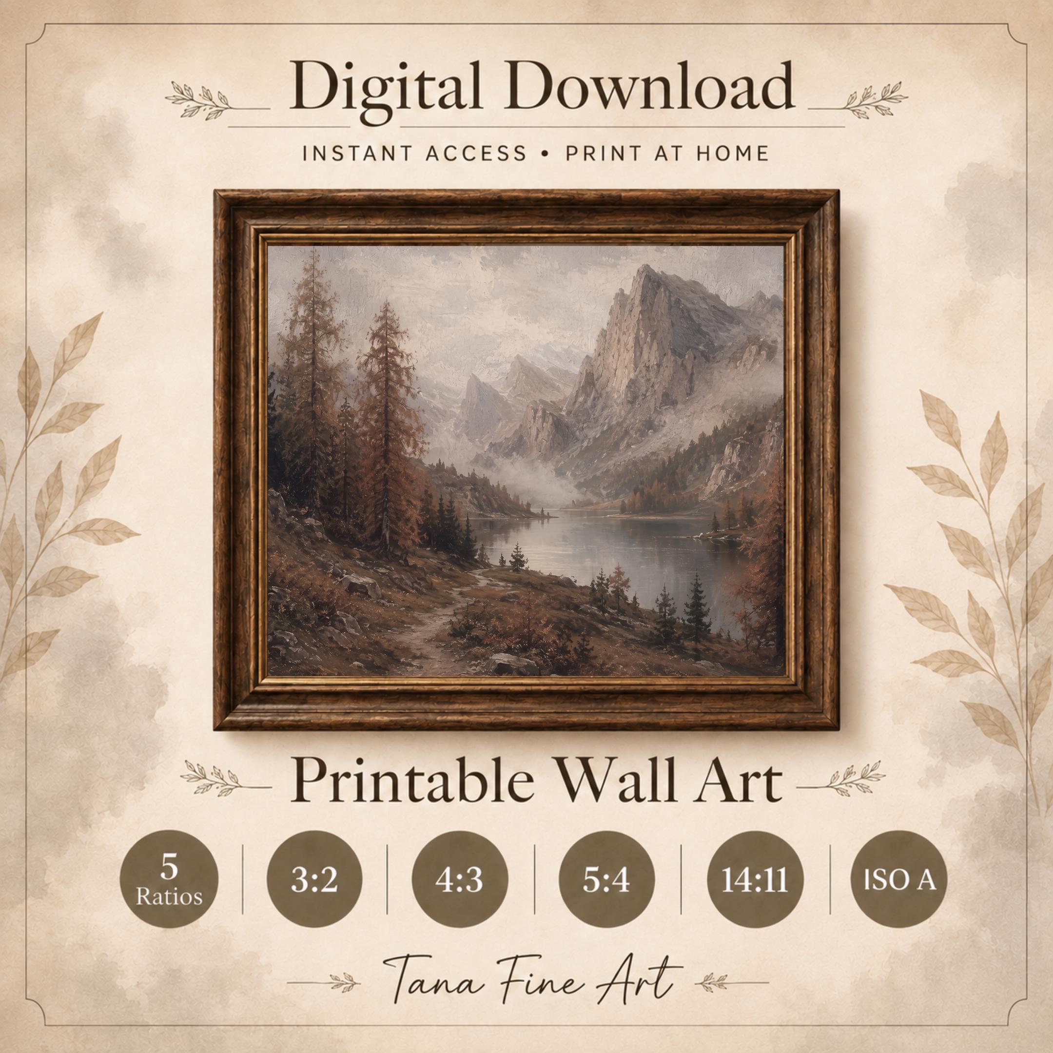 Mountain Lake Wall Art | Moody Alpine Landscape Print | Vintage Fall Nature Printable Digital Download — image 9