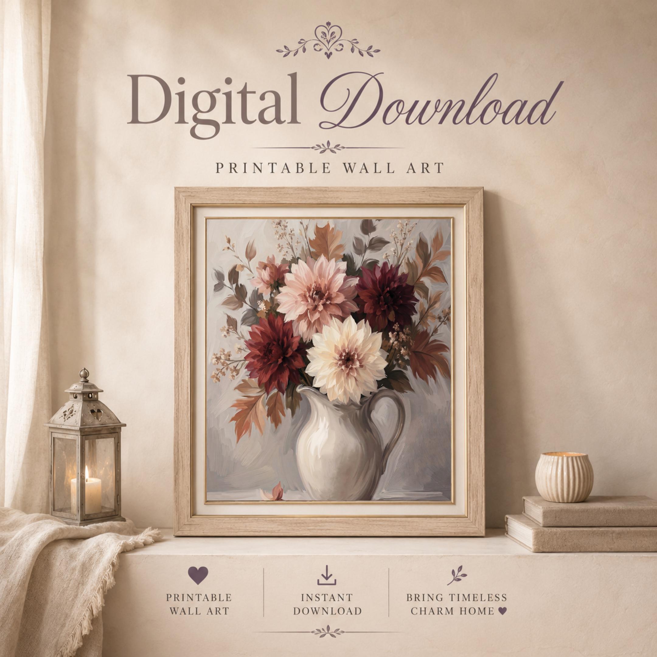 Fall Dahlia Wall Art, Moody Floral Pitcher Print, Burgundy Autumn Flower Decor (Digital Download) — image 7