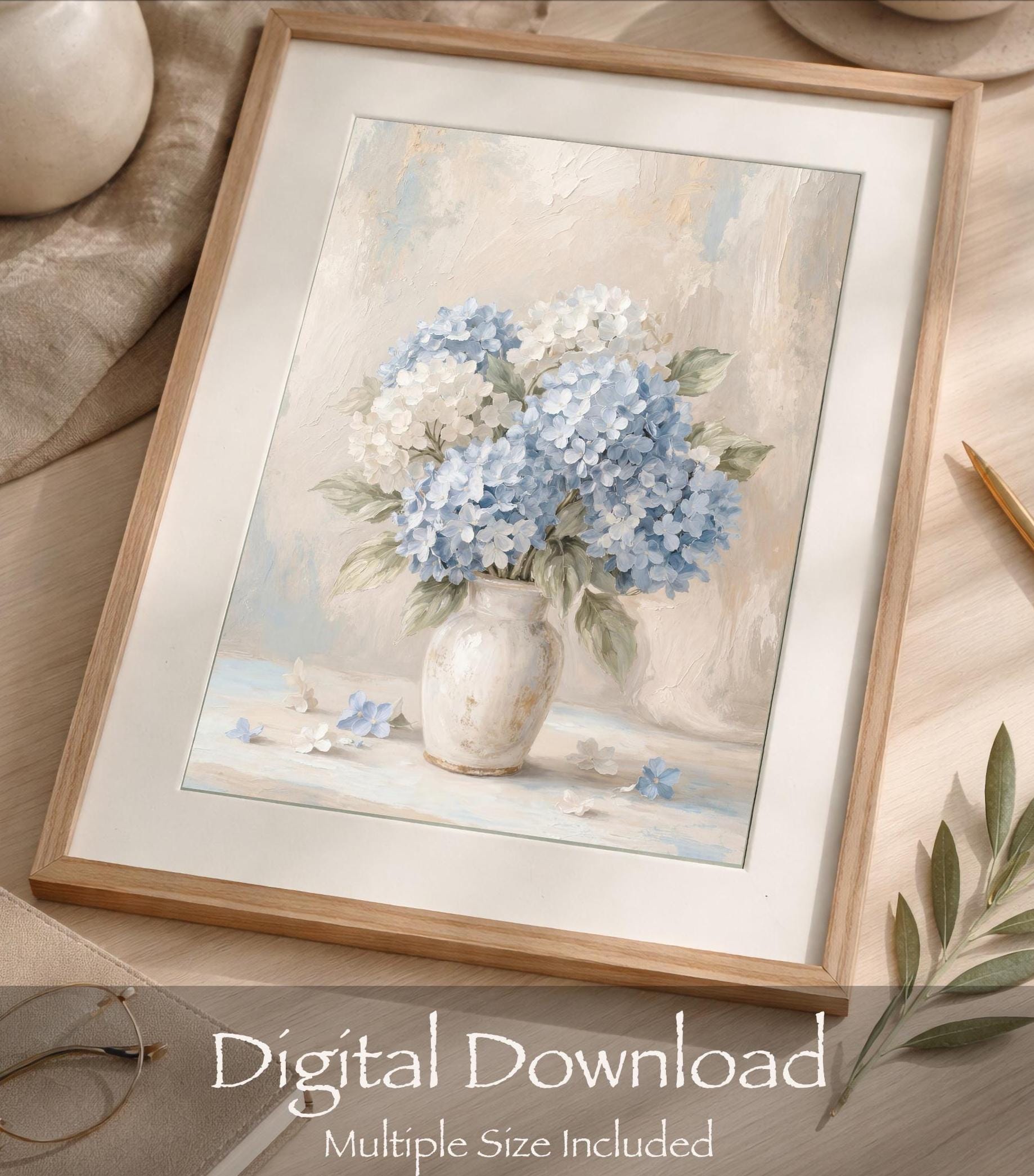 Blue Hydrangea Wall Art Printable, Neutral Floral Prints (Digital Download) — image 8