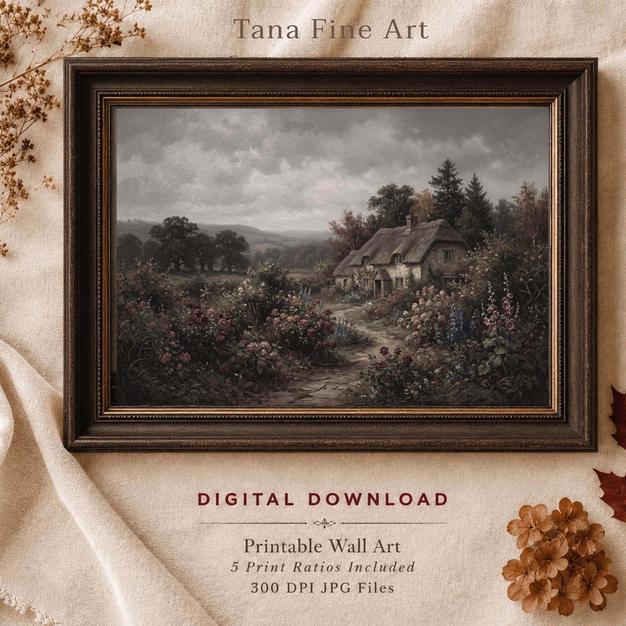 English Cottage Garden Wall Art, Dark Moody Landscape Print (Digital Download)
