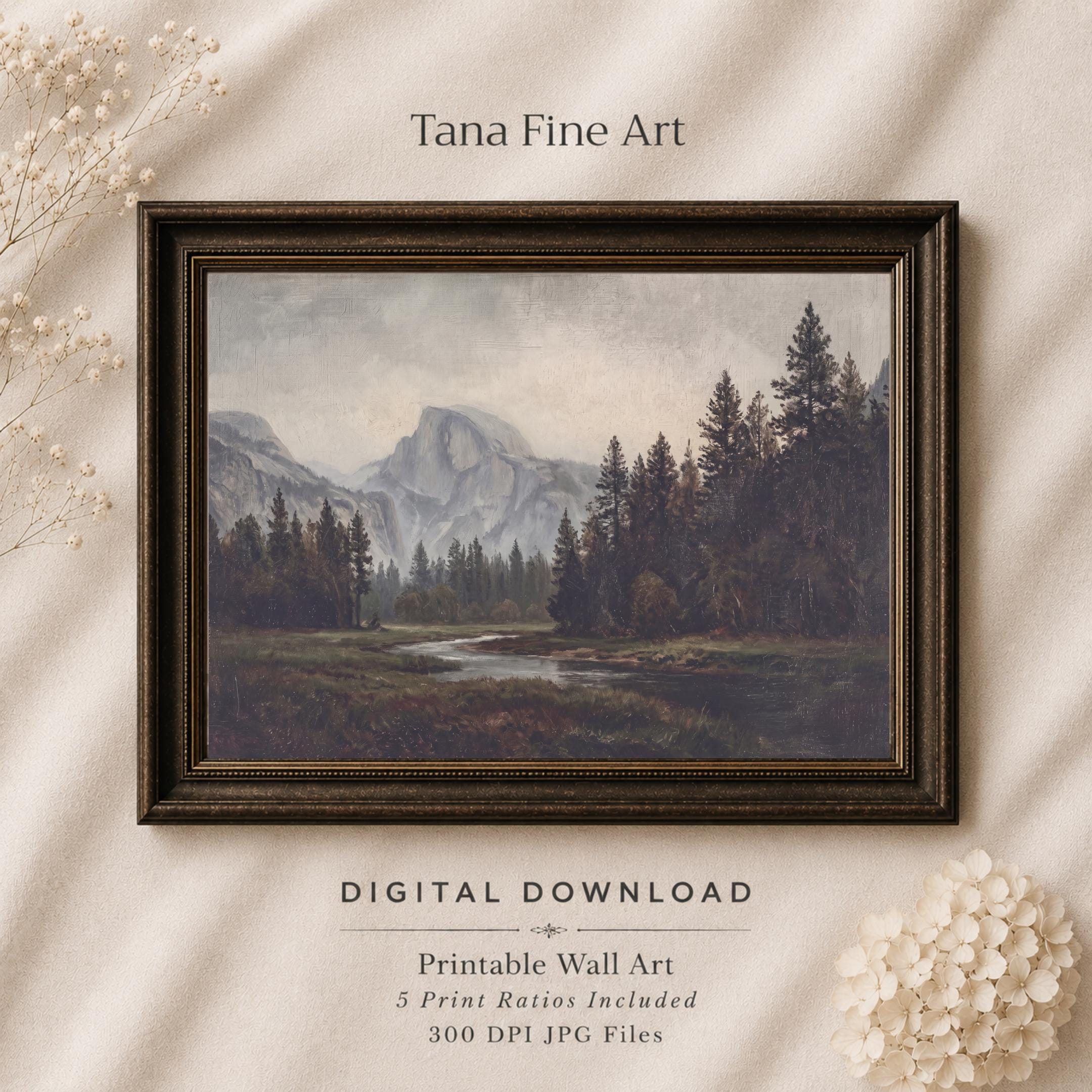 Mountain River Wall Art | Yosemite Inspired Forest Print | Moody Vintage Landscape Digital Download