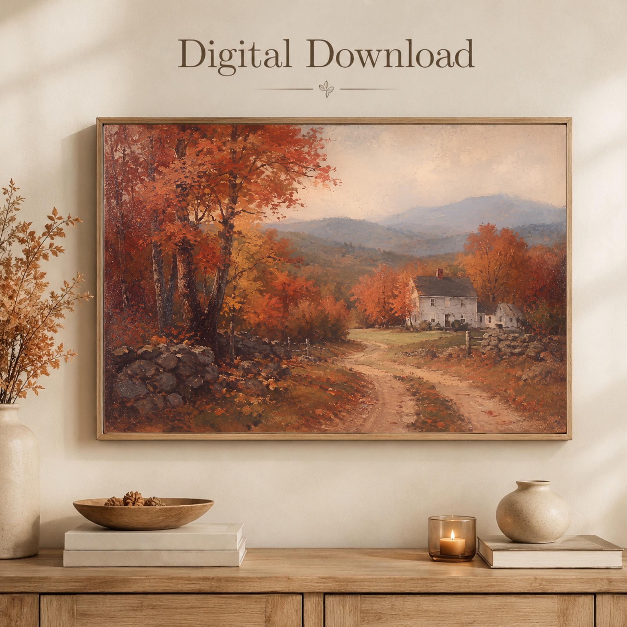 Vintage Fall Cottage Wall Art, New England Autumn Landscape, Rustic Farmhouse Decor Digital Download — image 6