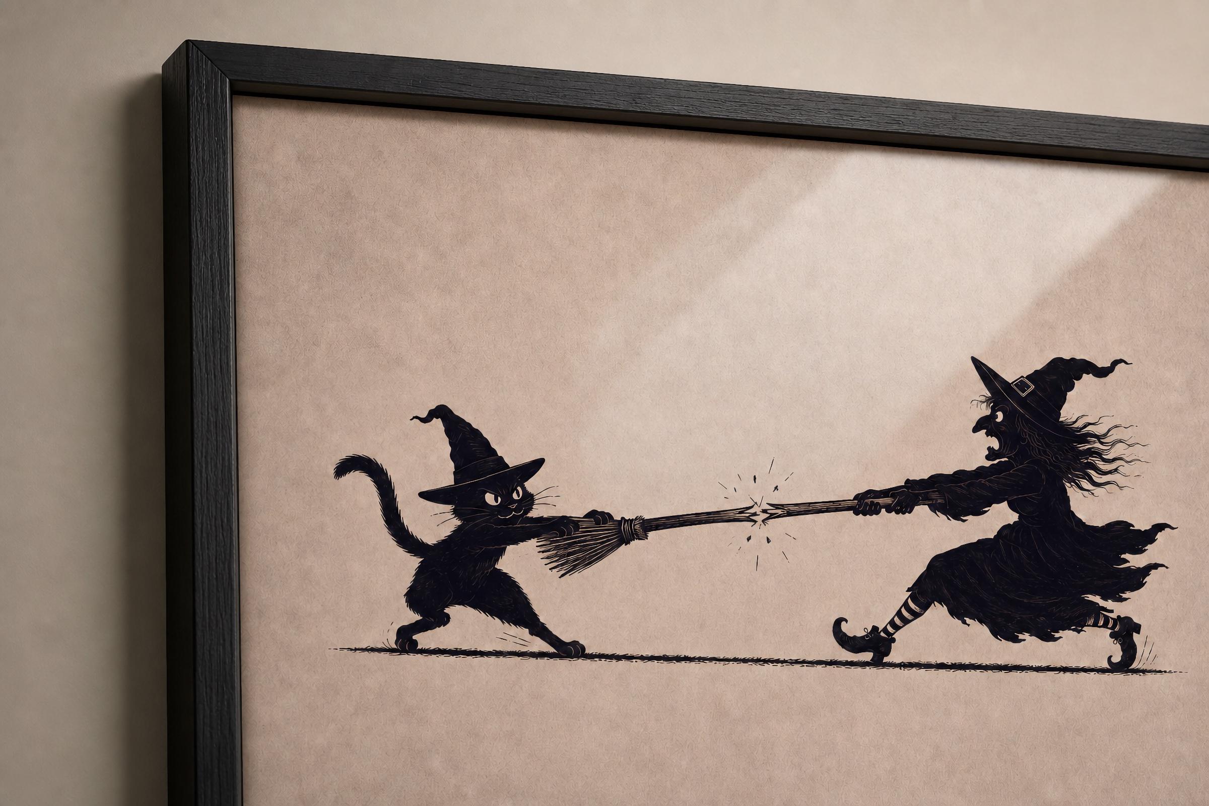 Funny Halloween Silhouette Wall Art, Black Cat Witch Printable, Vintage Witchy Decor, Digital Download — image 4