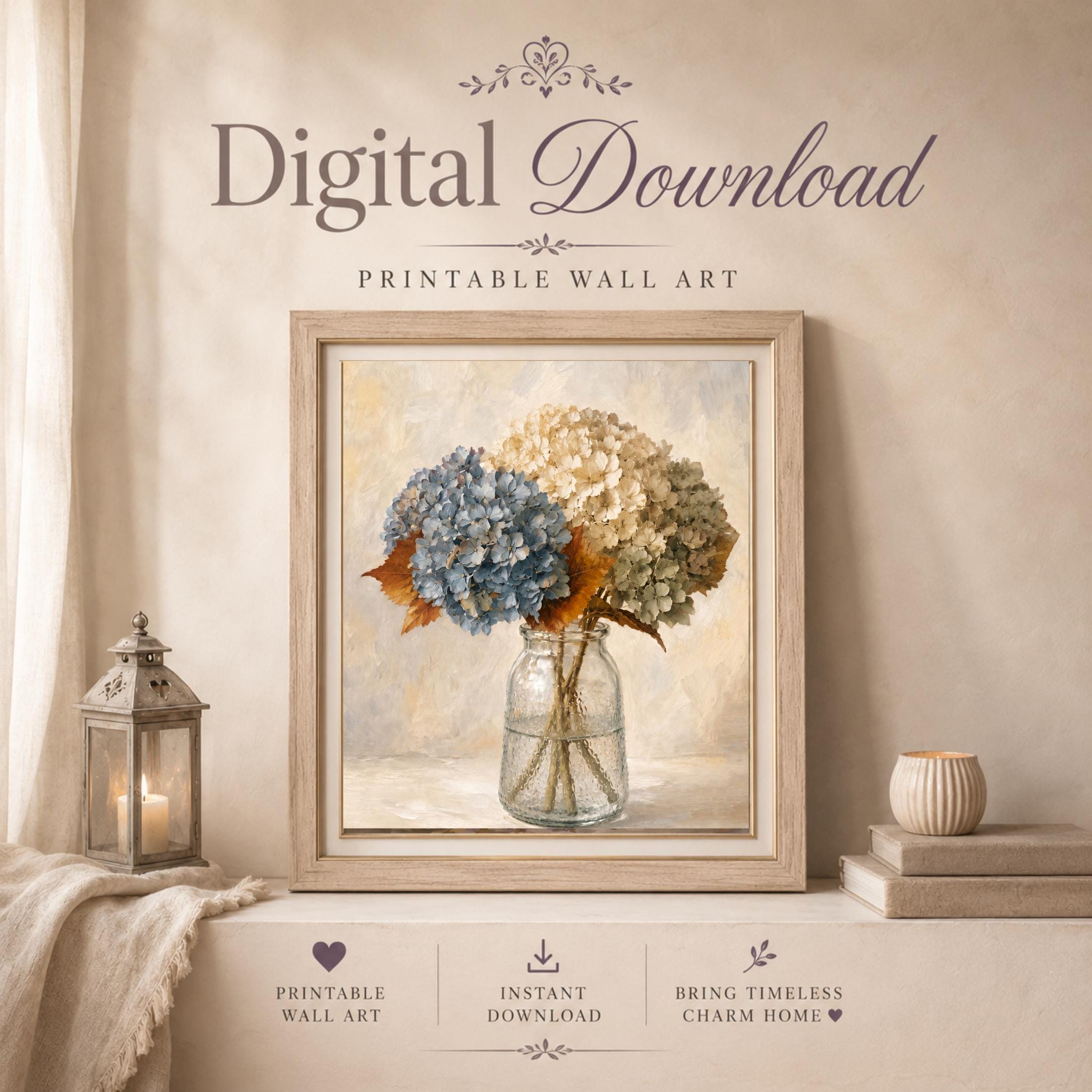 Blue and Cream Floral Glass Vase, Fall Hydrangea Art, Cozy Autumn Decor (Digital Download) — image 6