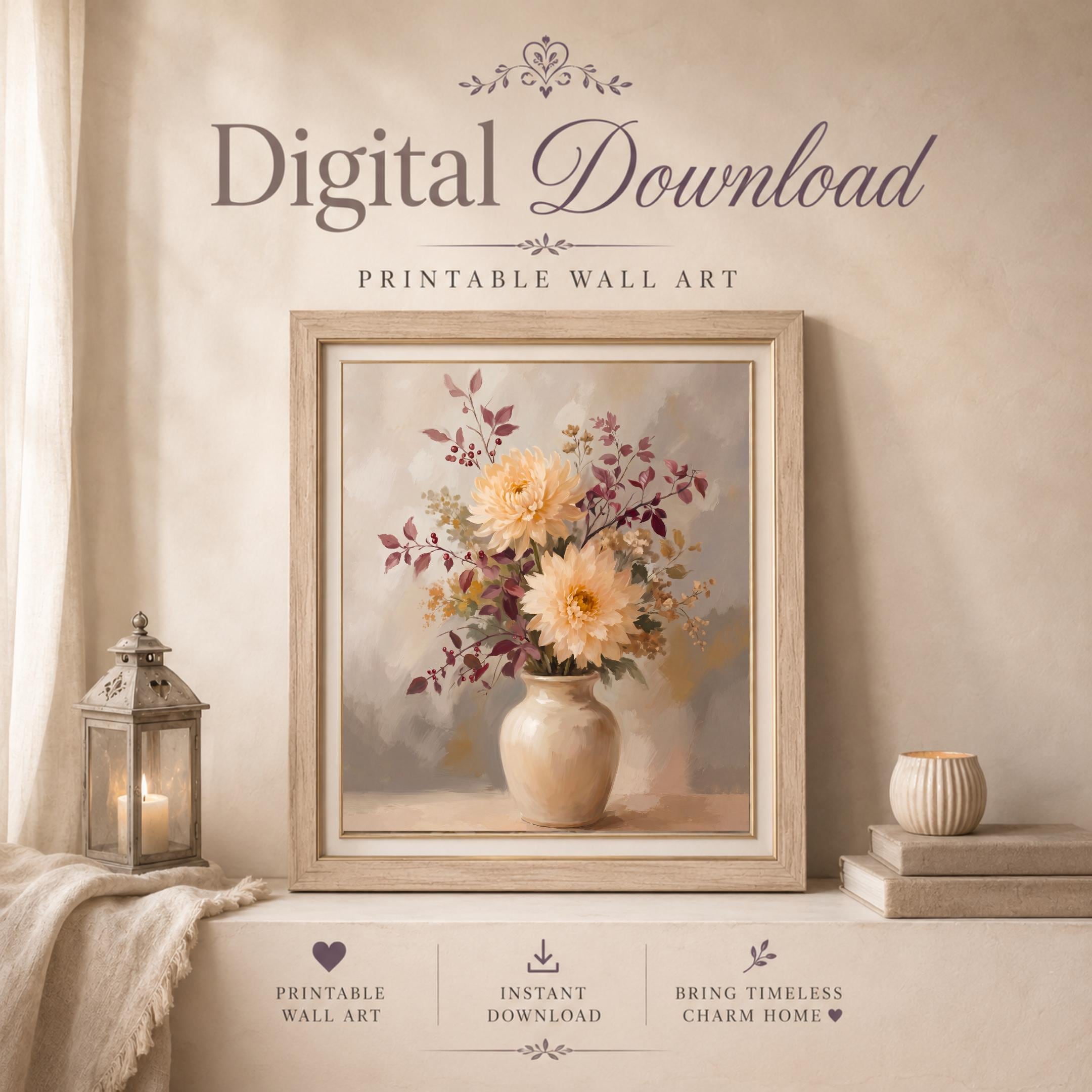 Autumn Dahlia Wall Art, Cream Floral, Neutral Fall Flower Painting, Vintage Farmhouse (Digital Download) — image 8