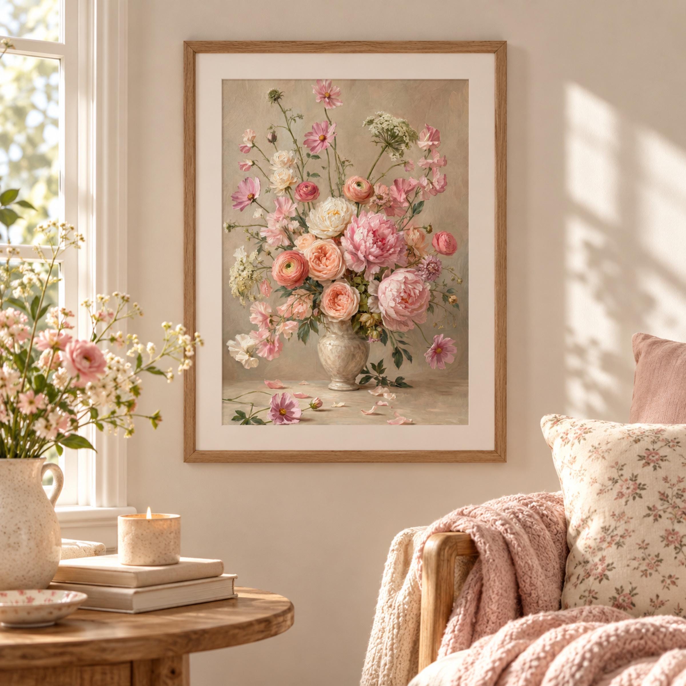 Vintage Pink Peony Vase Printable Wall Art, Romantic Floral Cottage Home Decor Digital Download — image 3