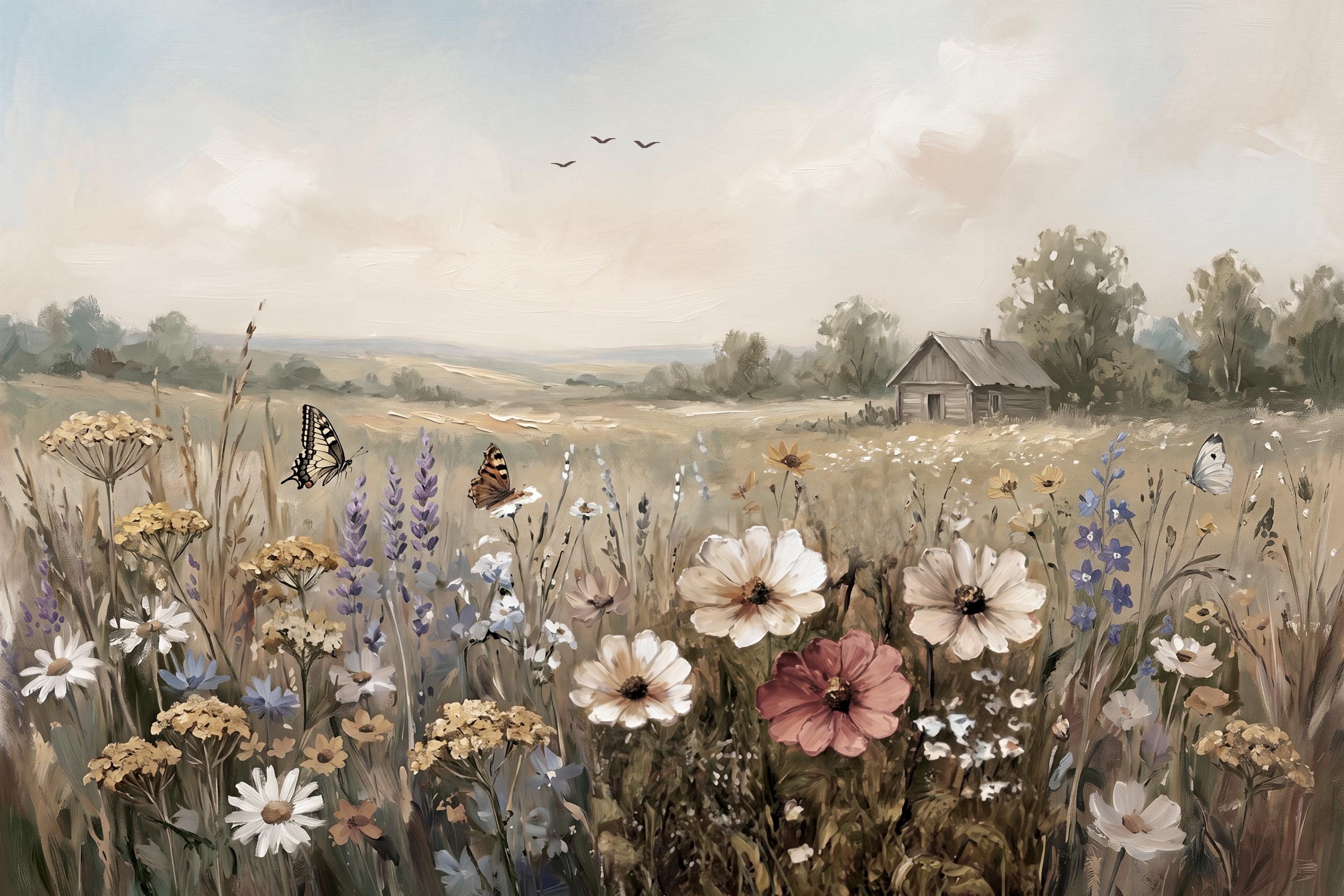 Cottage Wildflower Wall Art, Butterfly Meadow Landscape Print, Rustic Summer Farmhouse Decor (Digital Download) — image 2
