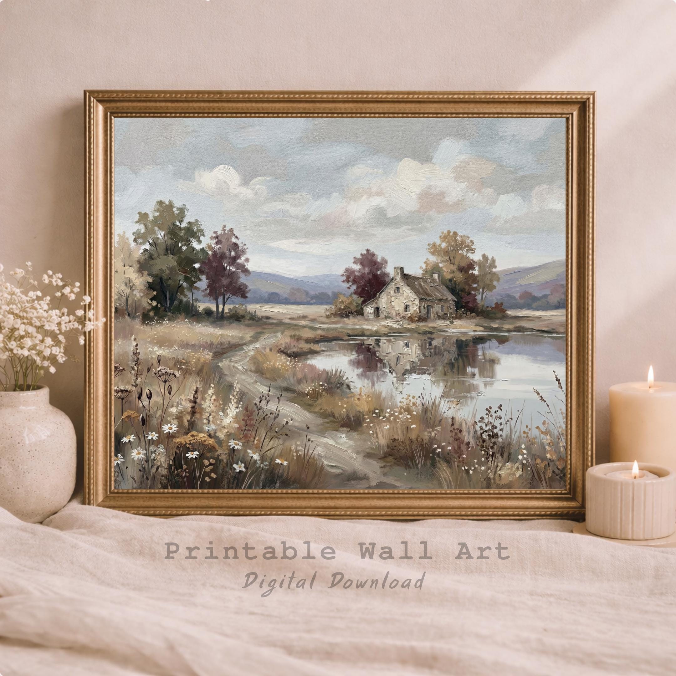 Cottage Landscape Wall Art, Farmhouse Lake House Print, Soft Countryside Nature Decor (Digital Download) — image 8