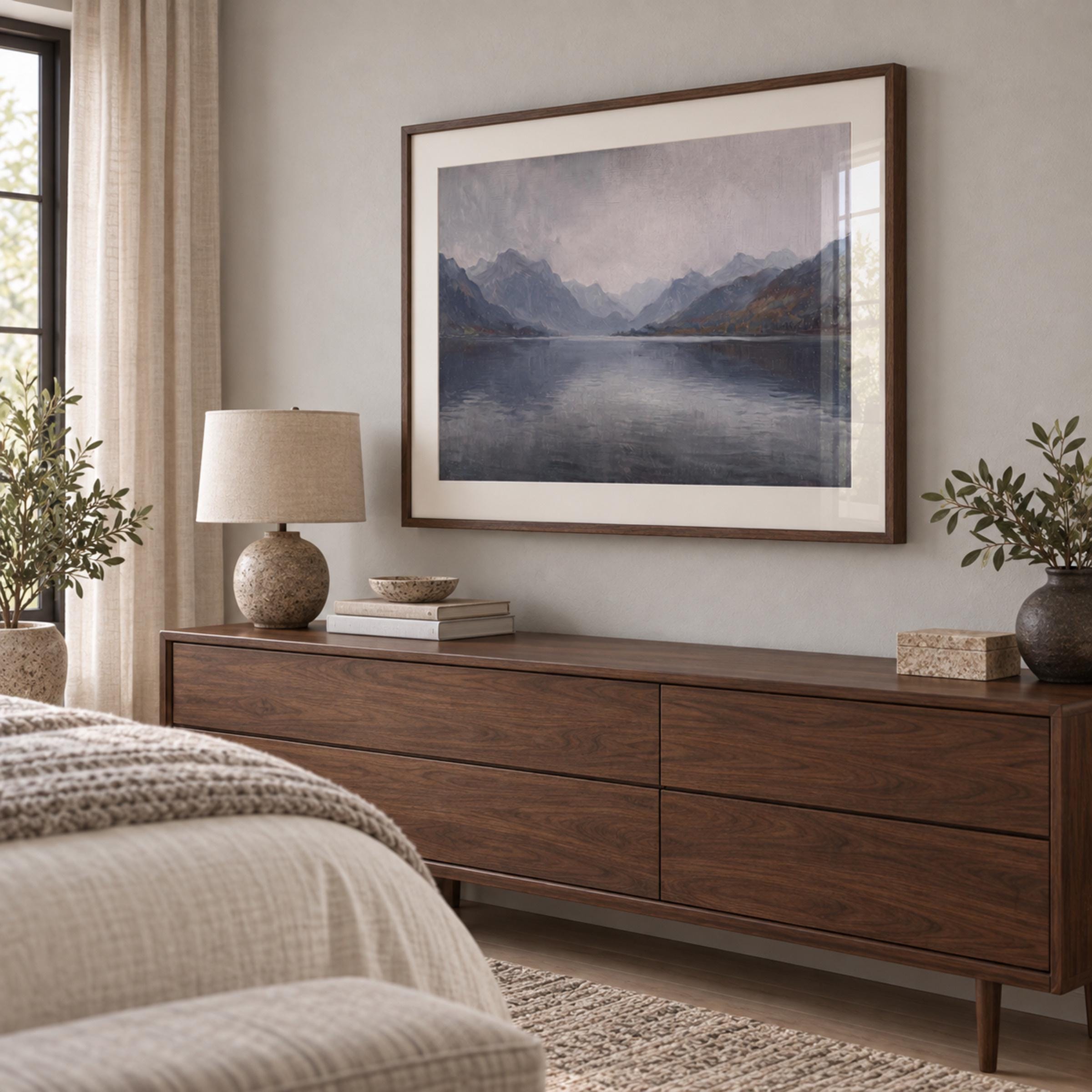 Misty Mountain Lake Wall Art, Vintage Alpine Landscape, Moody Blue Gray Decor, Digital Download — image 5