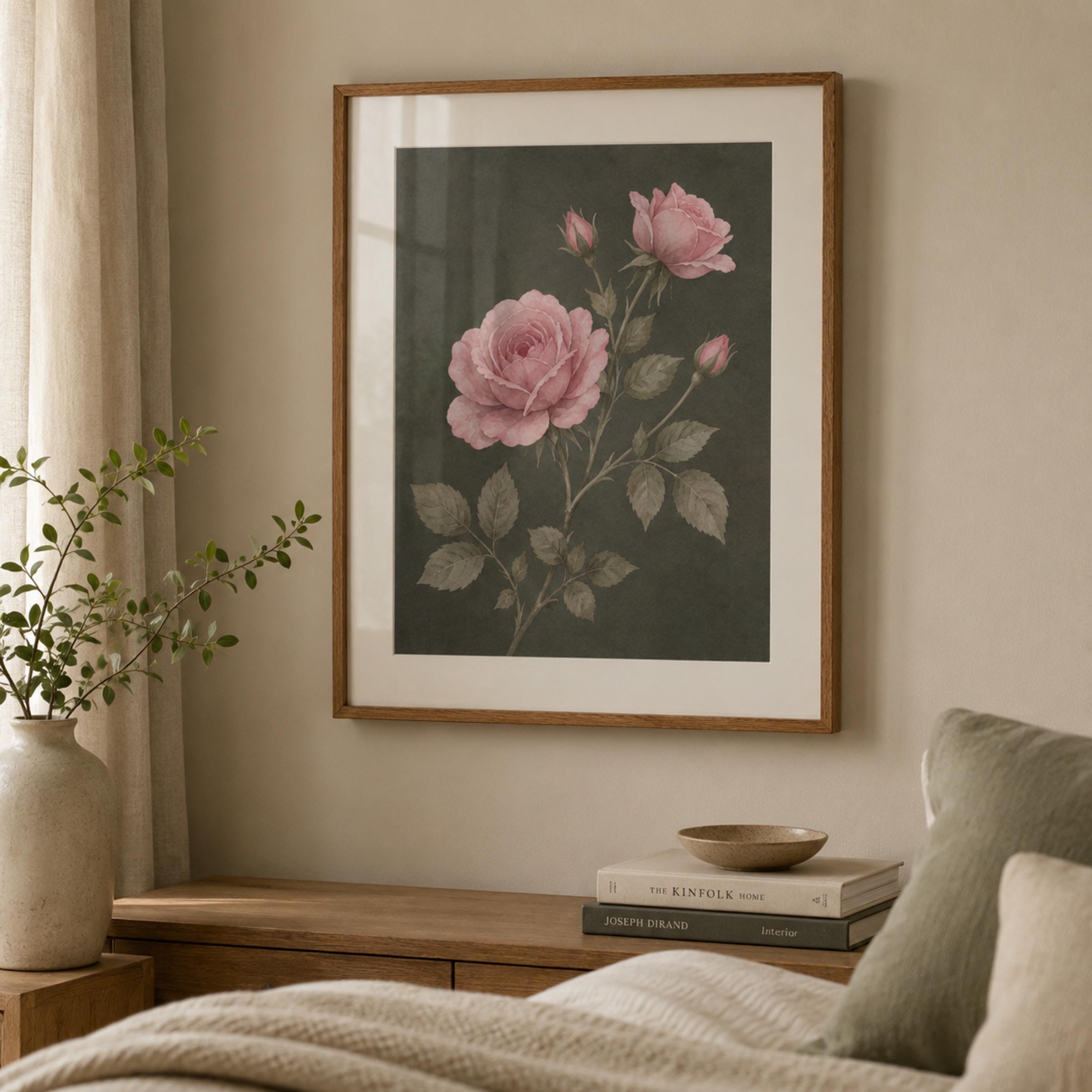 Moody June Birth Flower Print | Pink Rose Wall Art | Vintage Botanical Digital Download — image 2