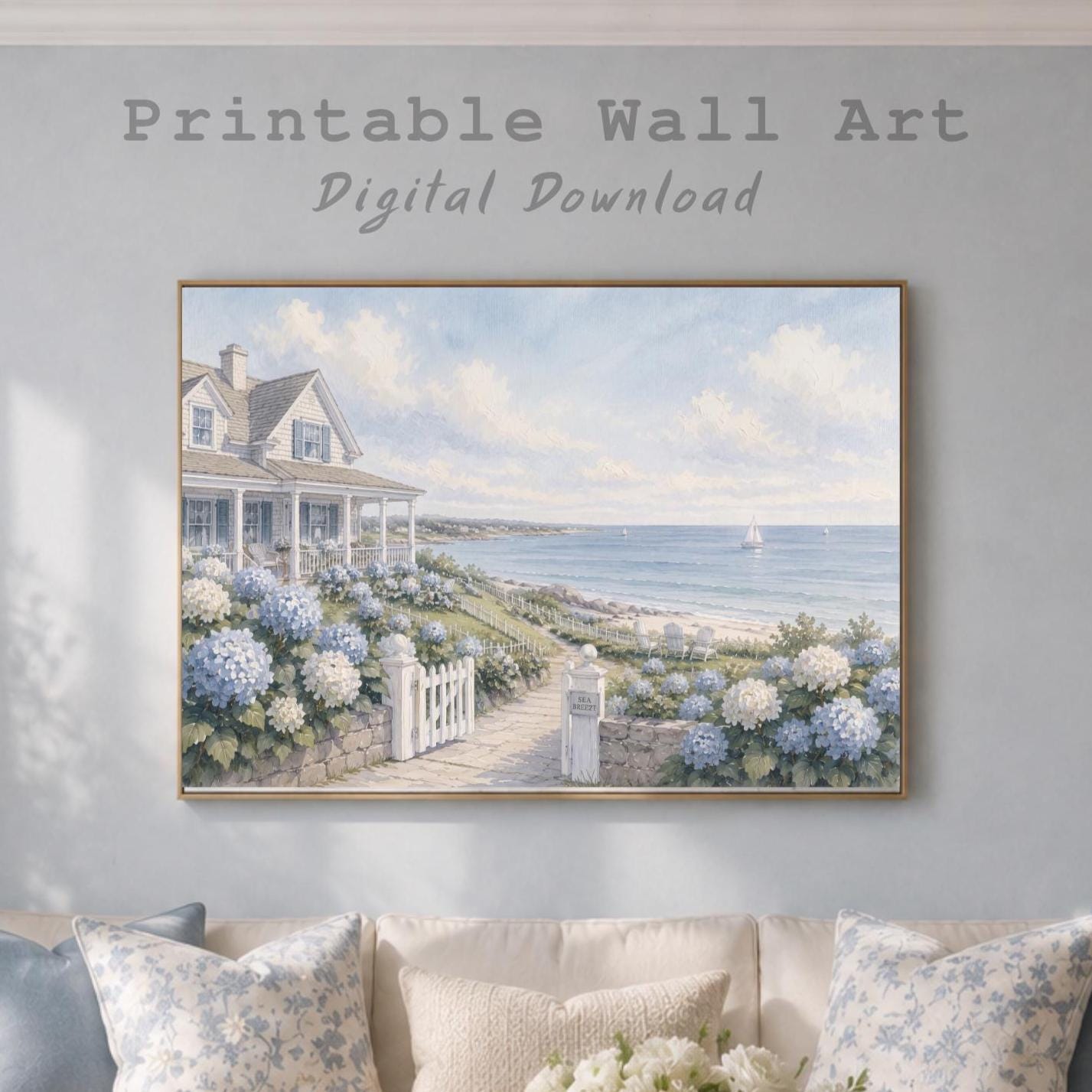 Coastal Cottage Hydrangea Print, Hamptons Beach House Ocean Decor (Digital Download)