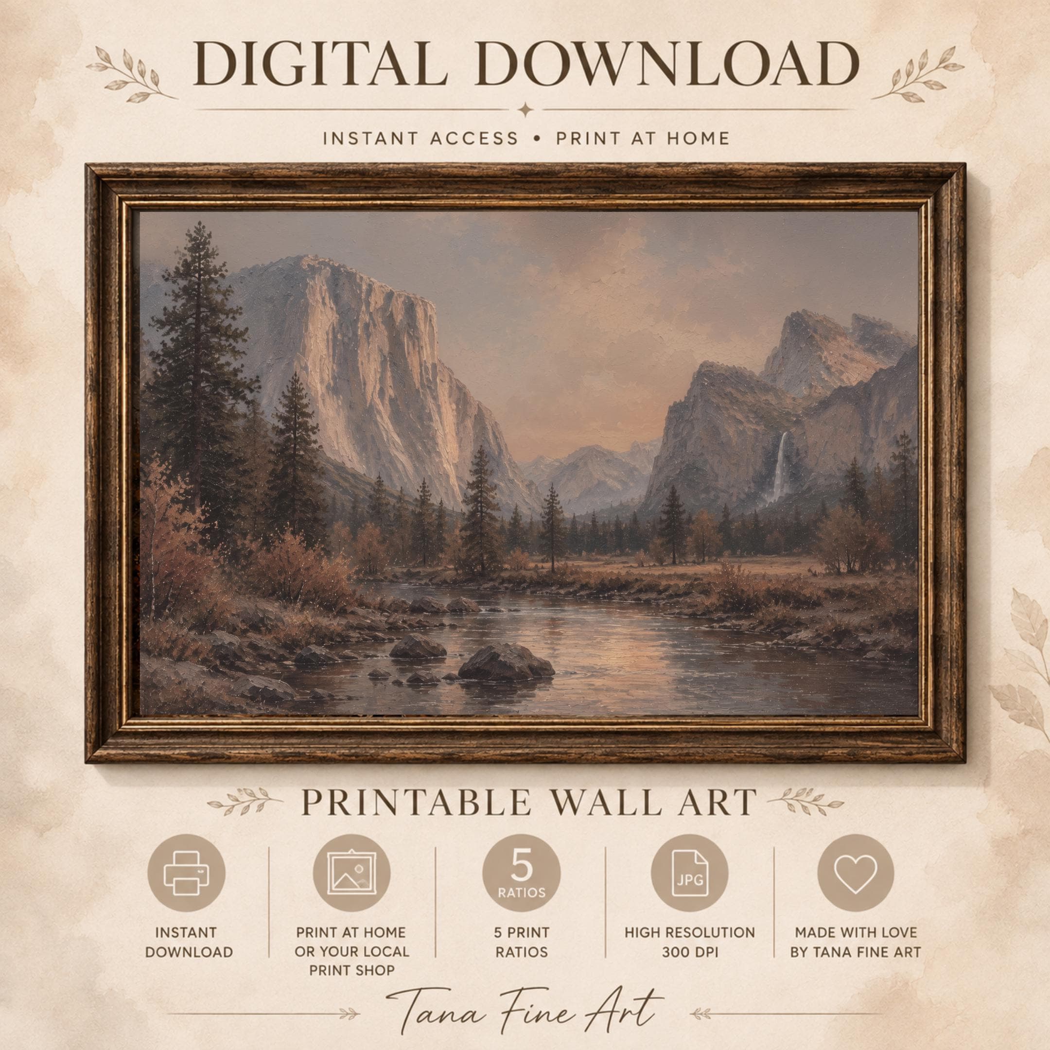 Mountain Landscape Wall Art | Vintage Yosemite Inspired | Moody River Valley Printable Digital Download