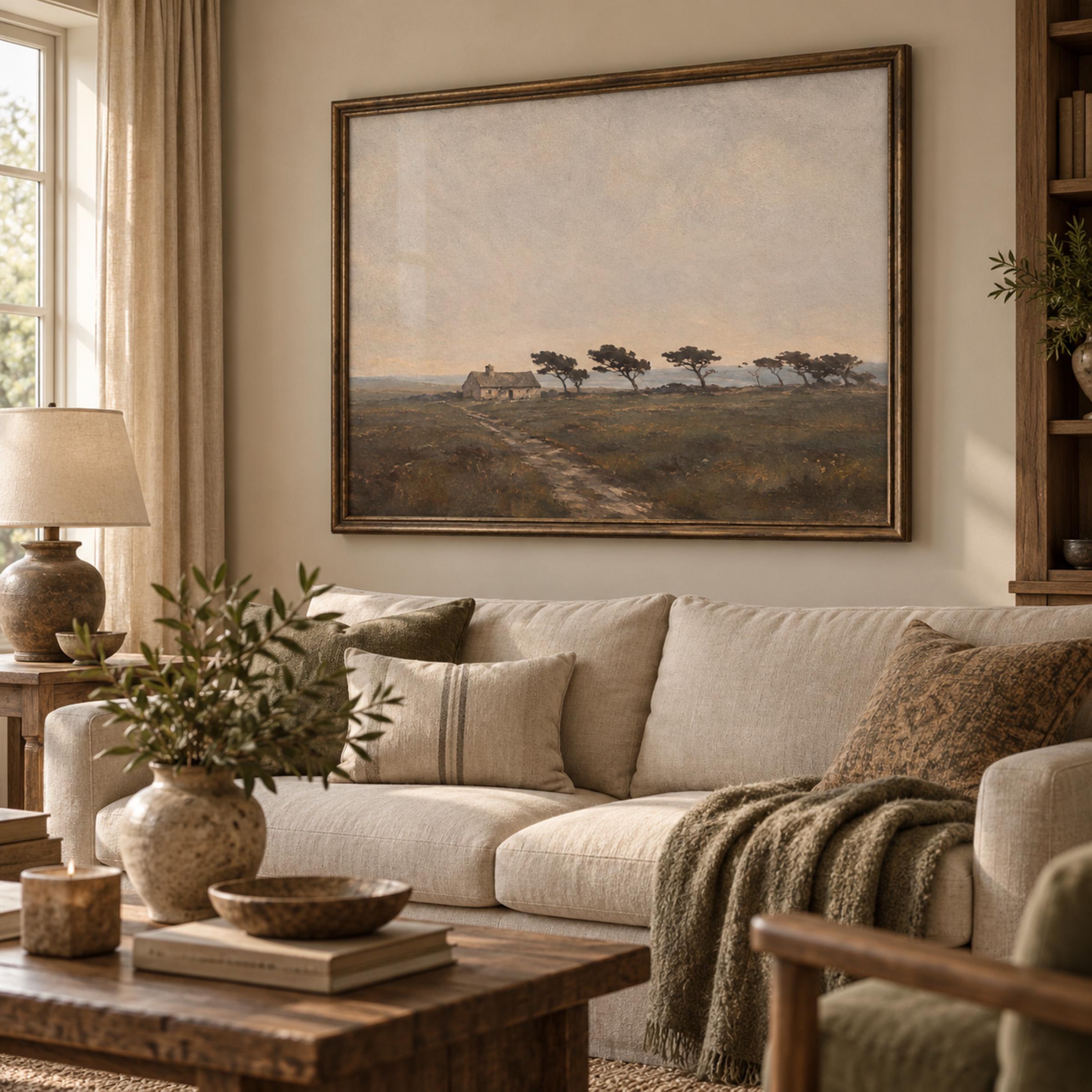 Vintage Stone Cottage Printable Wall Art, Windswept Trees Landscape, Neutral Rustic Countryside Digital Download — image 4
