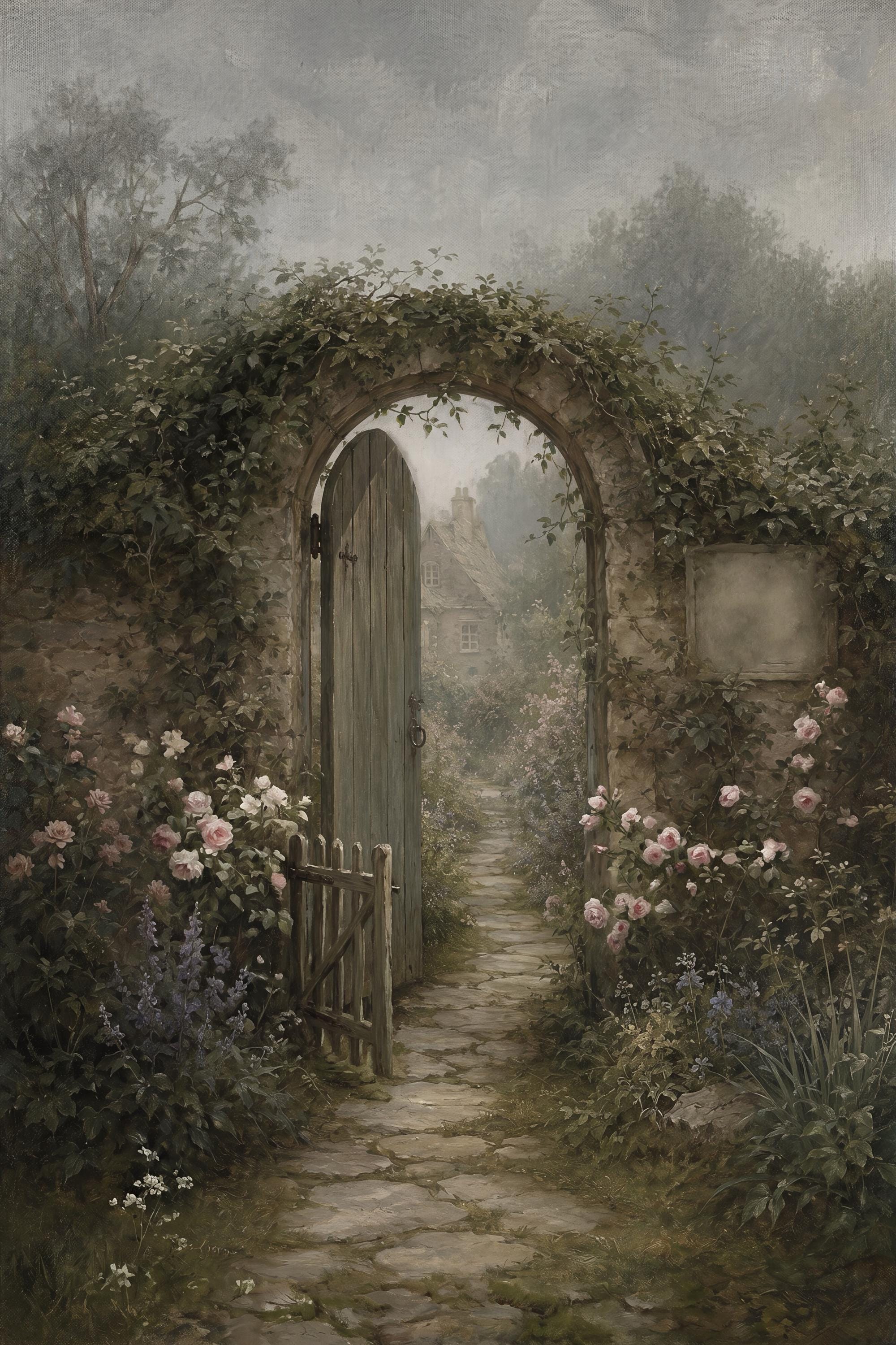 Vintage Secret Garden Wall Art, Hidden Cottage Gate Print, English Garden Decor (Digital Download) — image 2