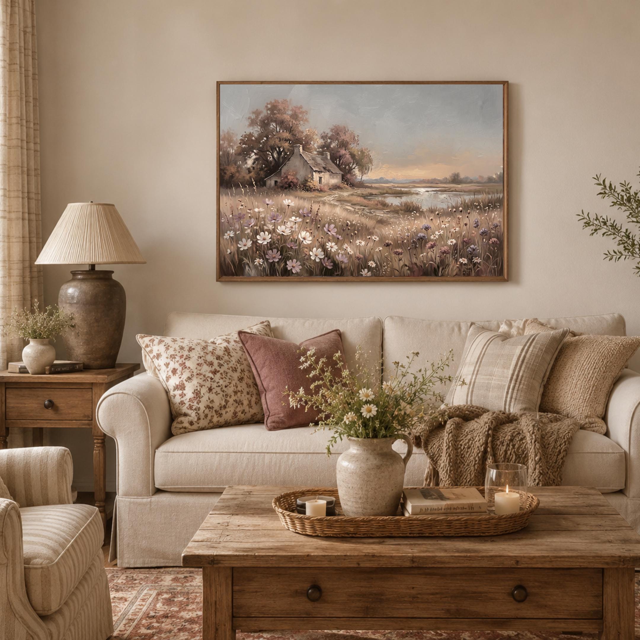 Autumn Cottage Landscape Printable Wall Art, Neutral Wildflower Meadow Rustic Home Decor Digital Download — image 5