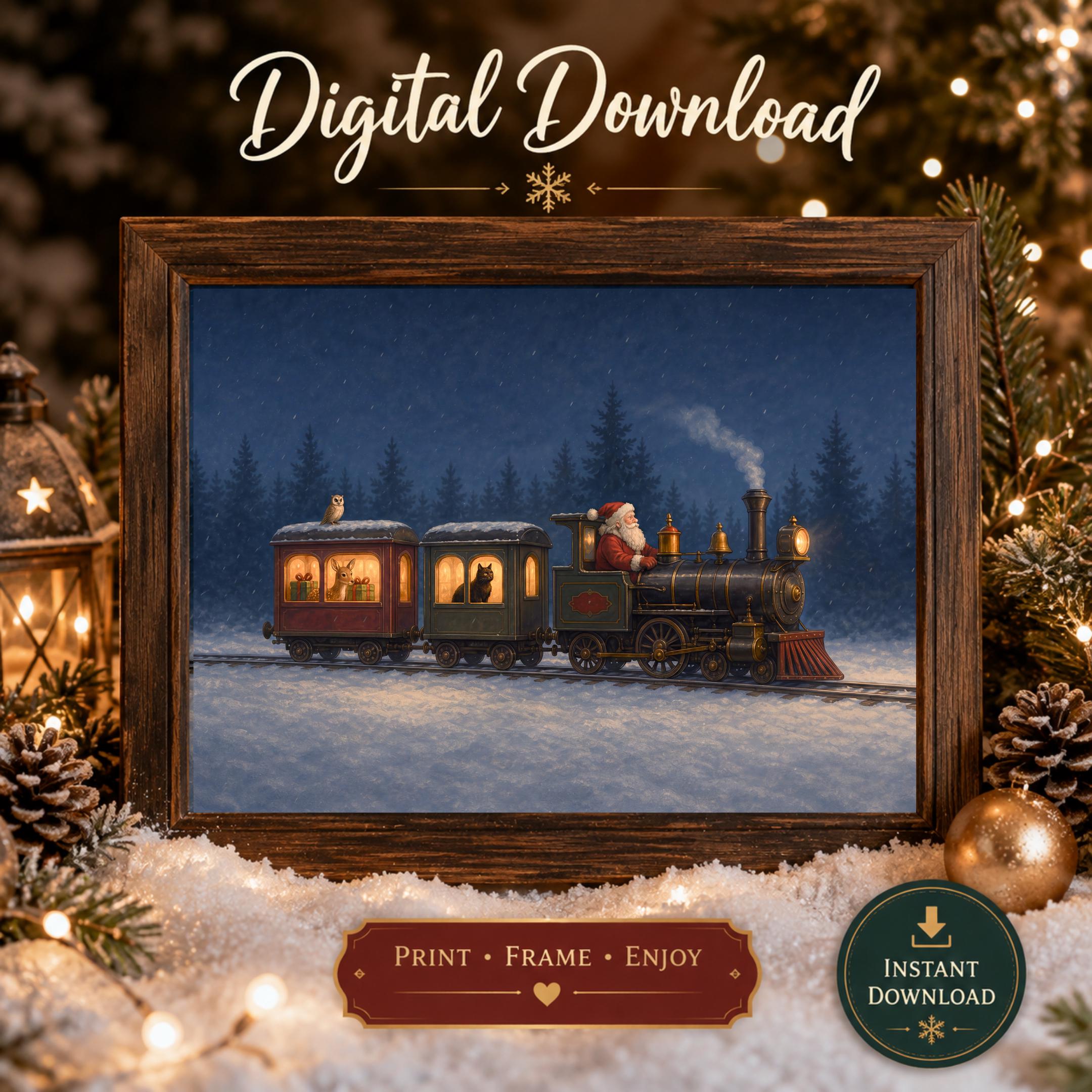 Vintage Santa Christmas Train Printable Wall Art, Snowy Woodland Digital Download