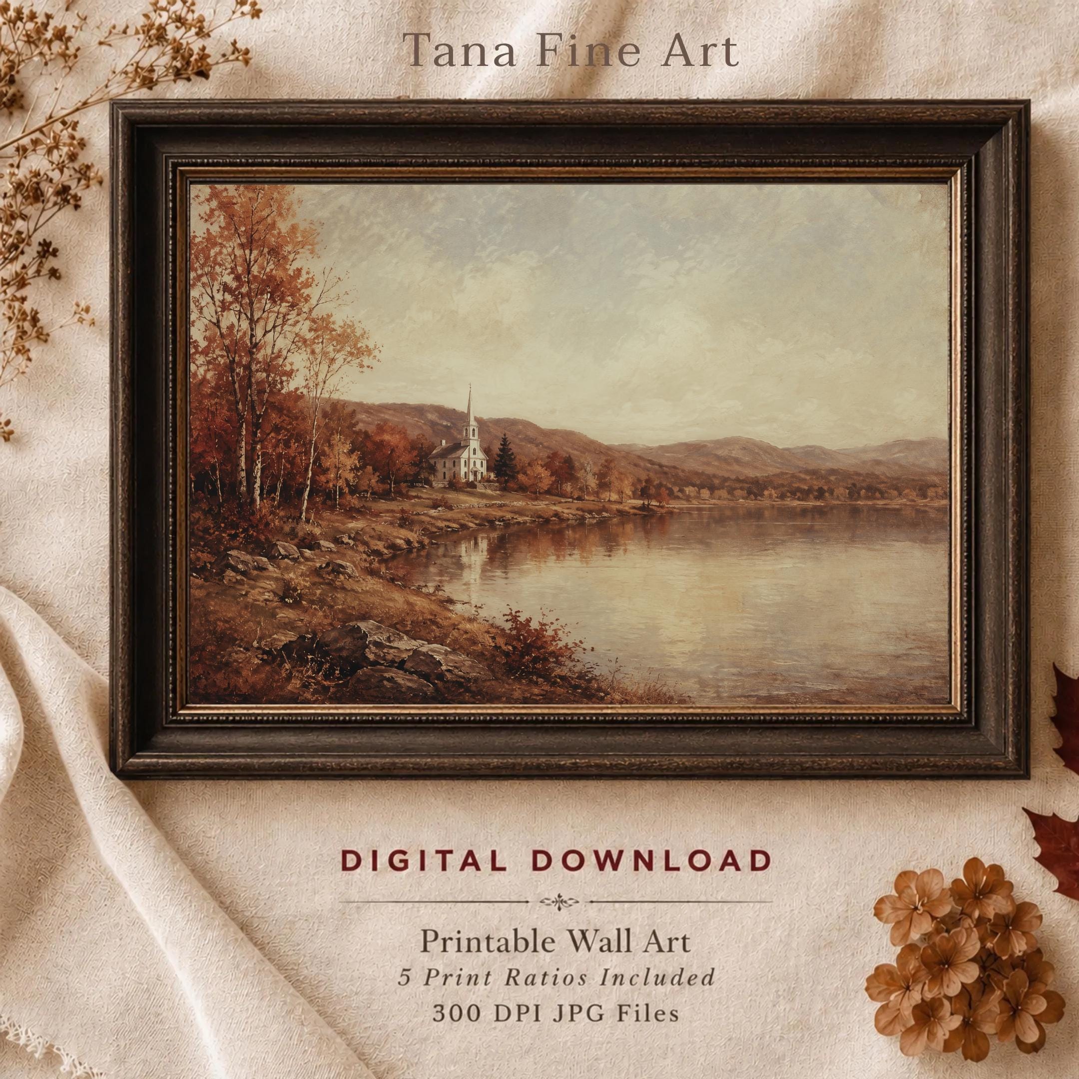 Vintage Vermont Autumn Lake Printable Wall Art, Rustic Fall Home Decor, Digital Download