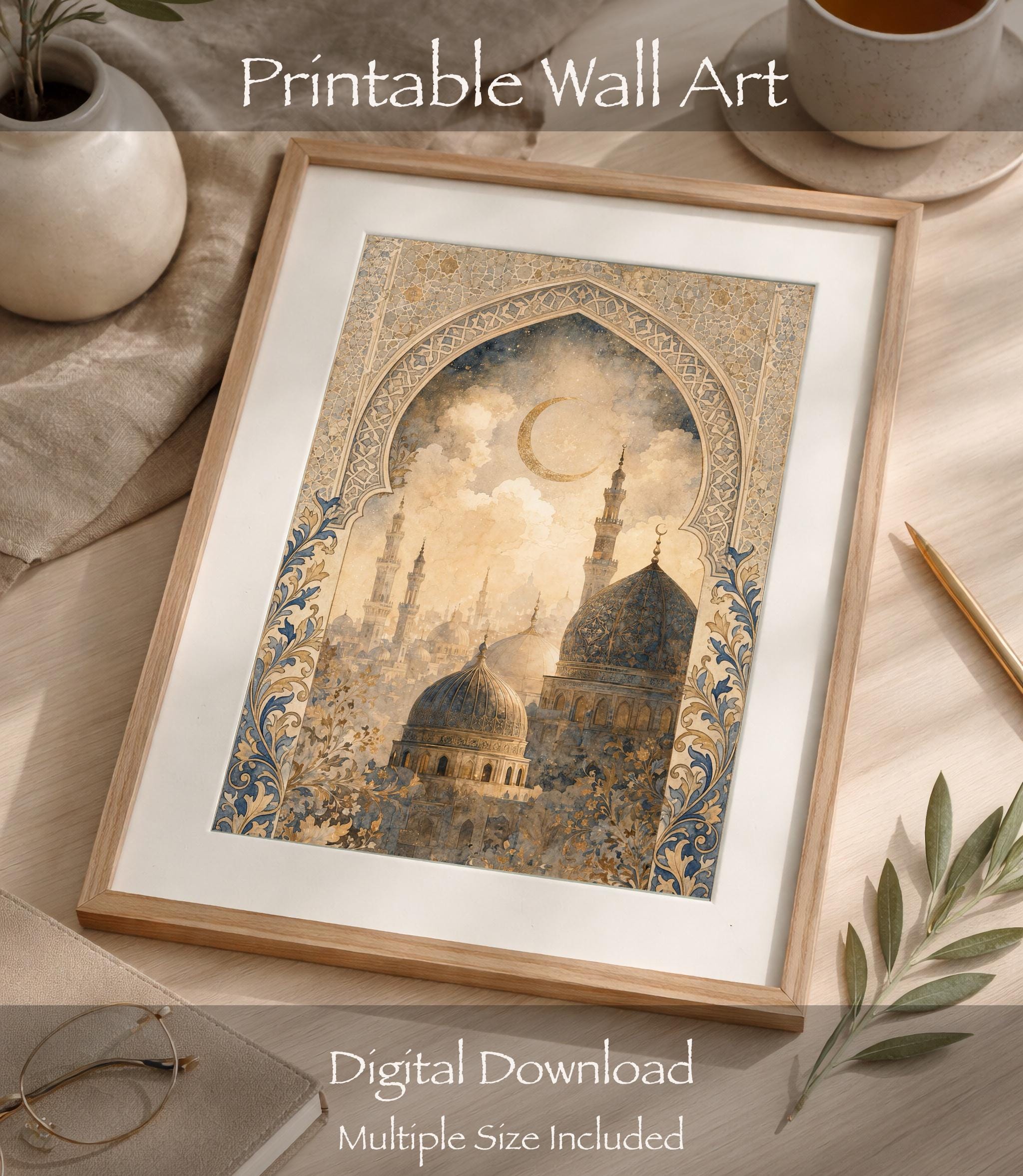 Islamic Architecture Printable Wall Art, Blue Gold Mosque and Crescent Moon Digital Download — image 6
