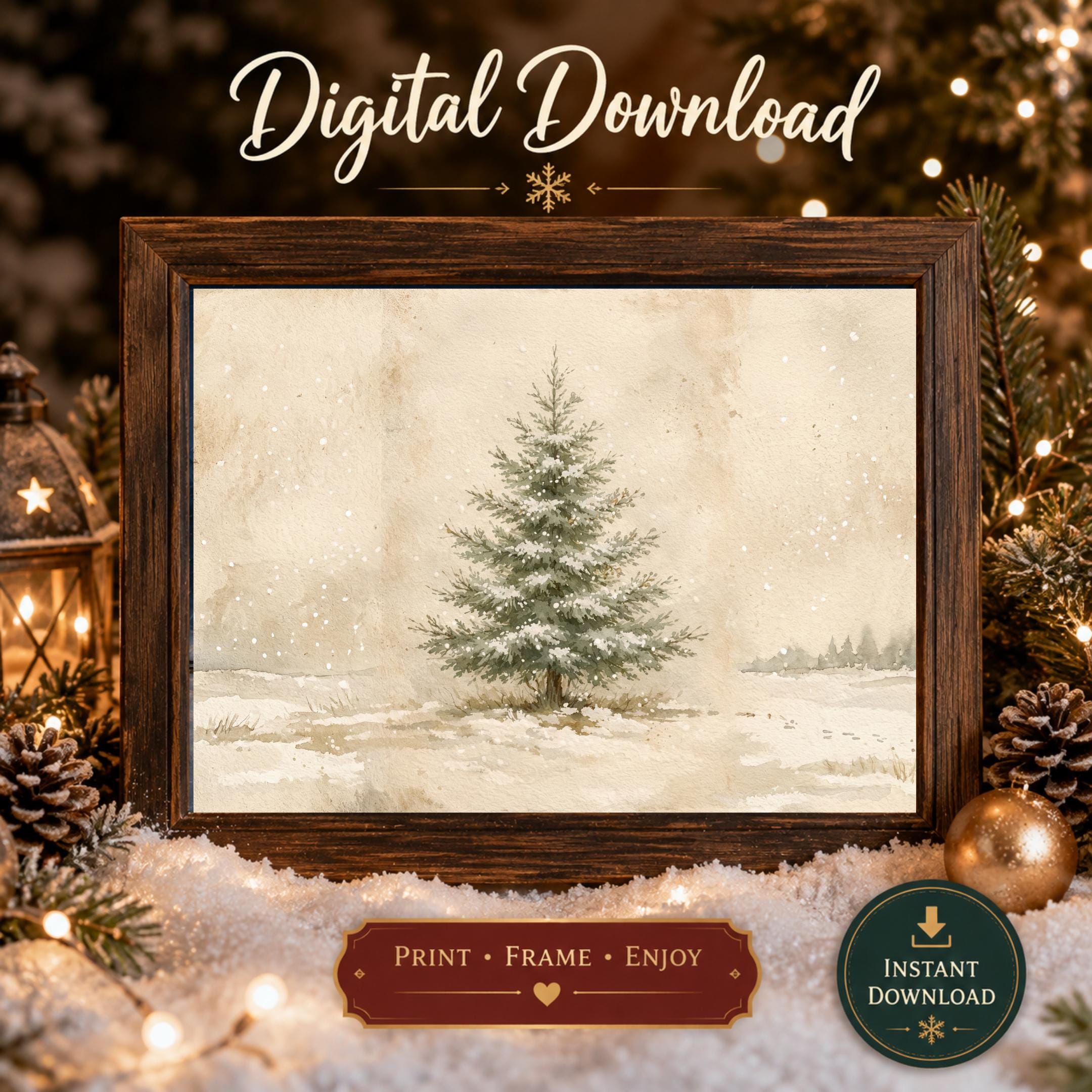 Winter Tree Wall Art Printable | Neutral Snowy Pine Print | Minimal Rustic Decor (Digital Download)