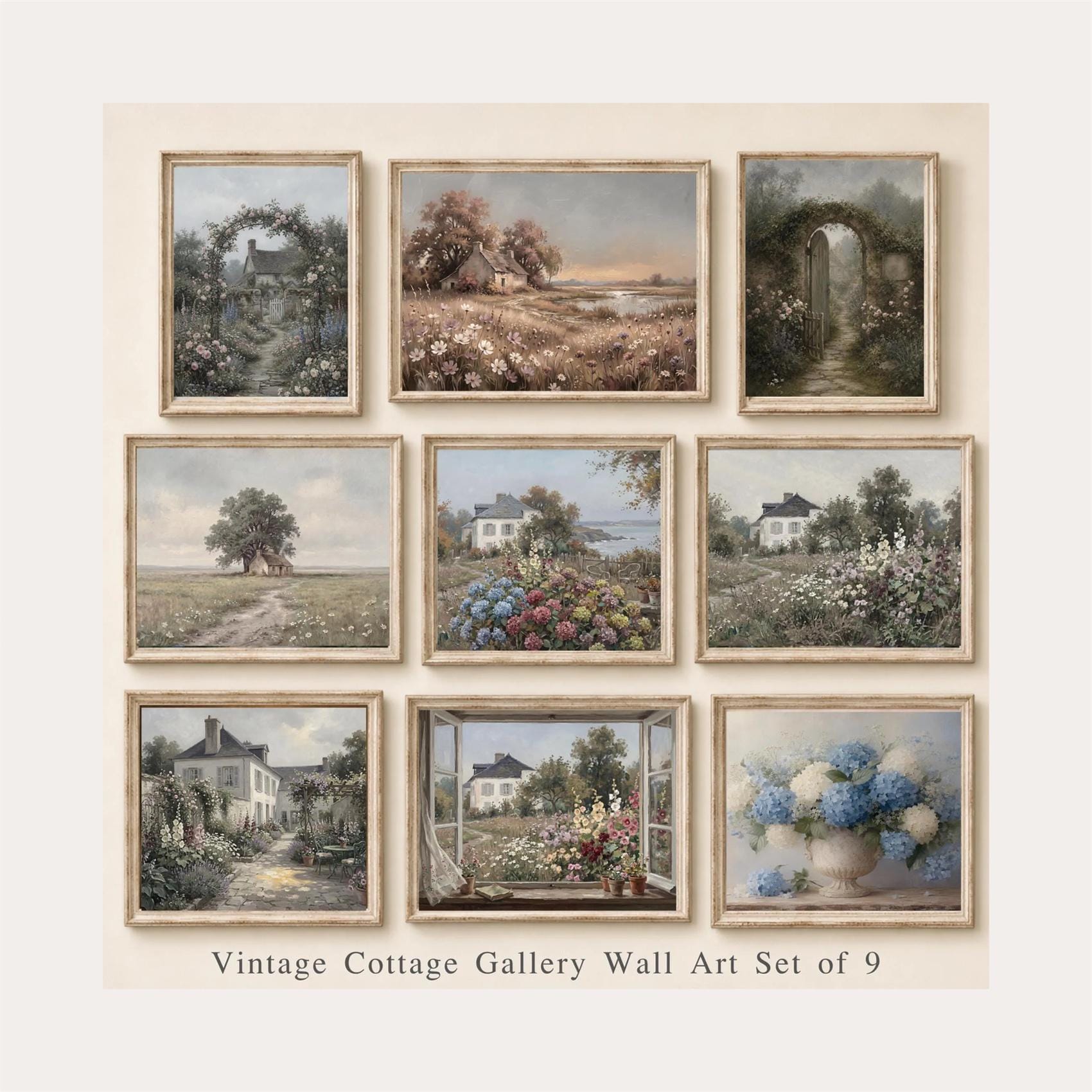 Vintage Cottage Gallery Wall Art Set 9, Floral Landscape Printable Decor Prints Digital Download
