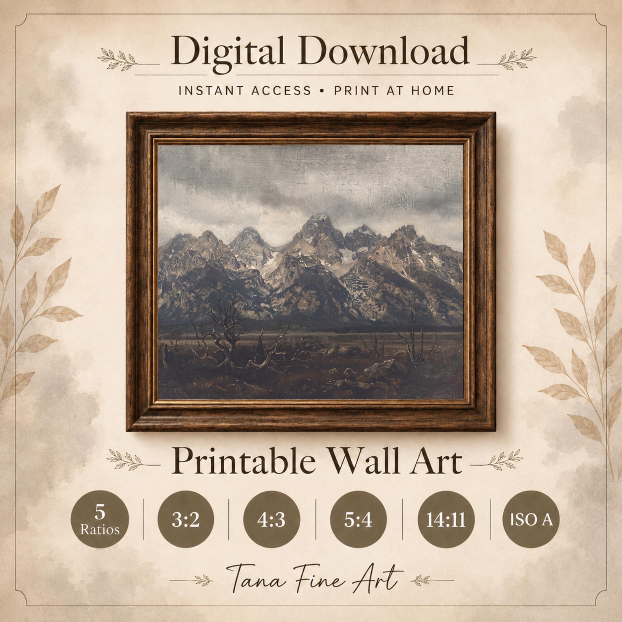 Moody Mountain Wall Art | Dramatic Vintage Landscape Print | Rustic Nature Printable Digital Download