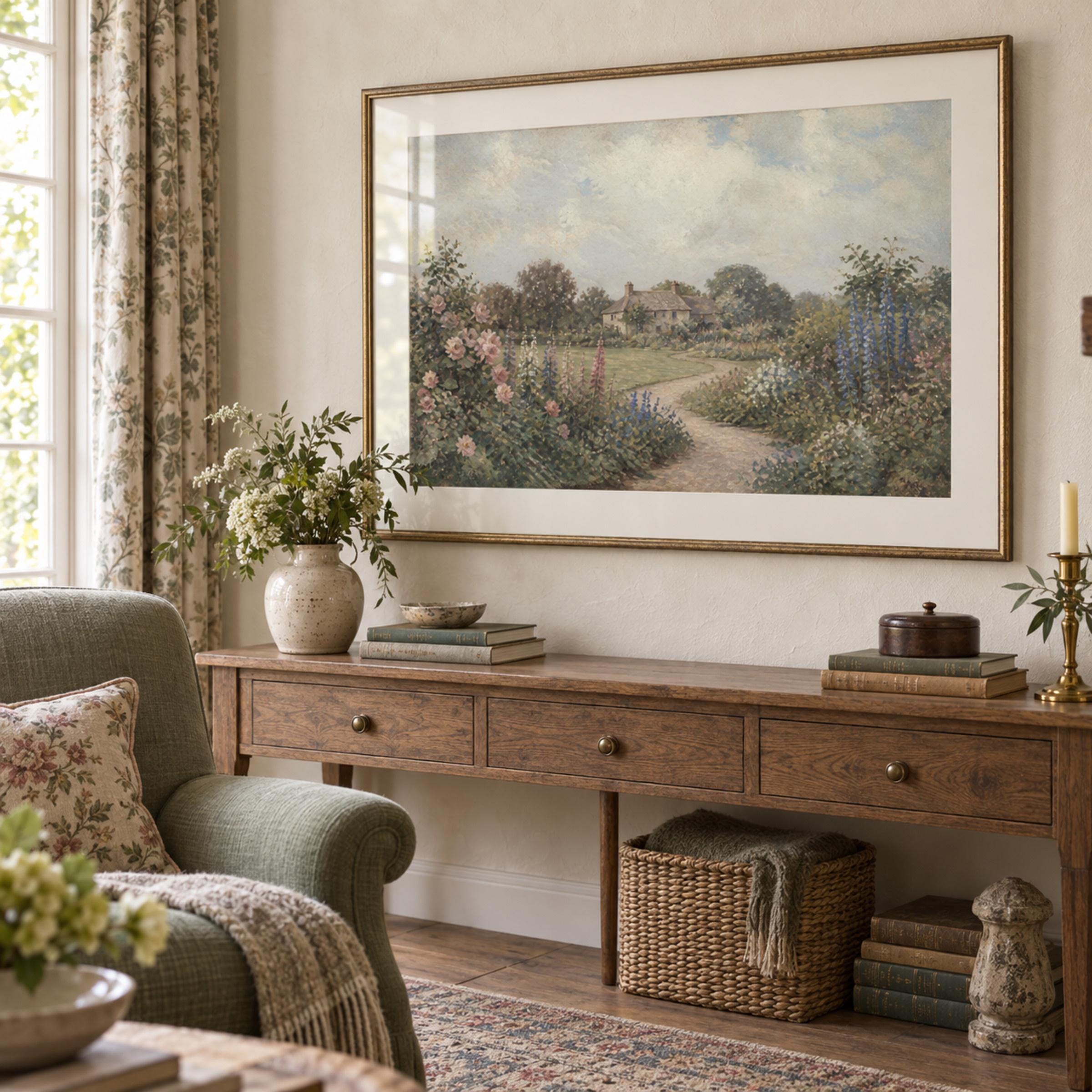 English Cottage Garden Printable Wall Art, Vintage Flower Path Landscape, Romantic Grandmillennial Digital Download — image 5