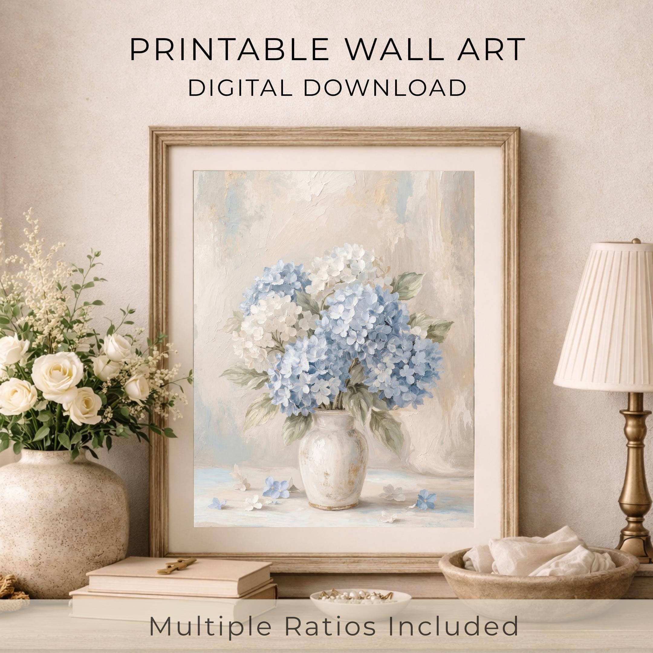 Blue Hydrangea Wall Art Printable, Neutral Floral Prints (Digital Download) — image 4