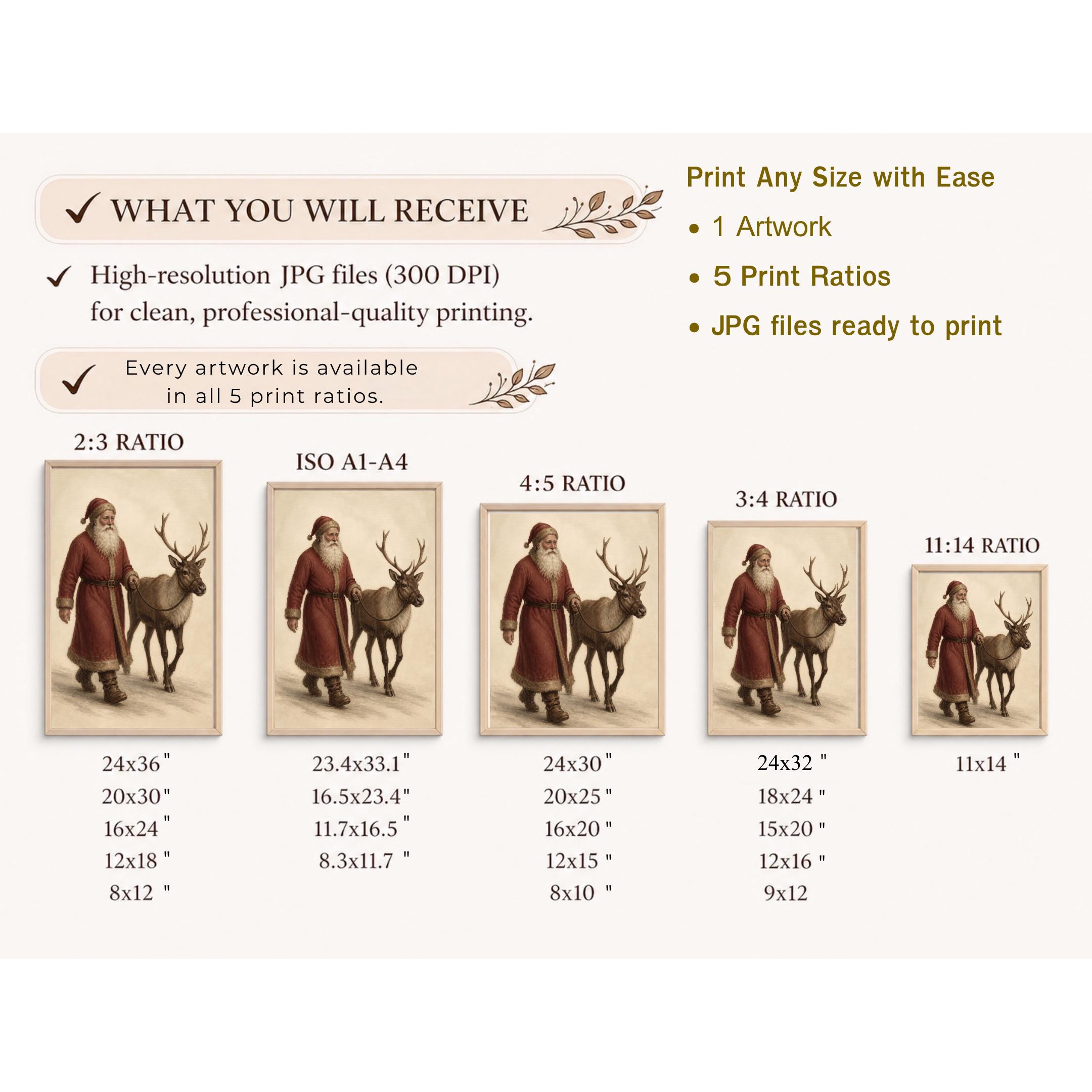 Vintage Santa and Reindeer Printable Wall Art, Old World Christmas Digital Download — image 8
