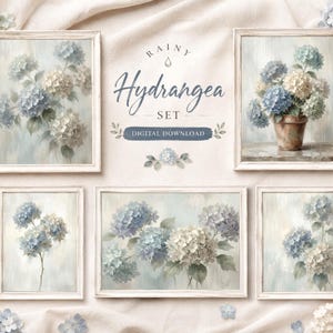 Op de afbeelding: Een set van vijf ingelijste wandkunstprints met blauwe en witte hortensia's in diverse composities. De centrale tekst luidt "RAINY Hydrangea SET DIGITAL DOWNLOAD". De kunstwerken tonen zachte, schilderachtige texturen en gedempte tinten.