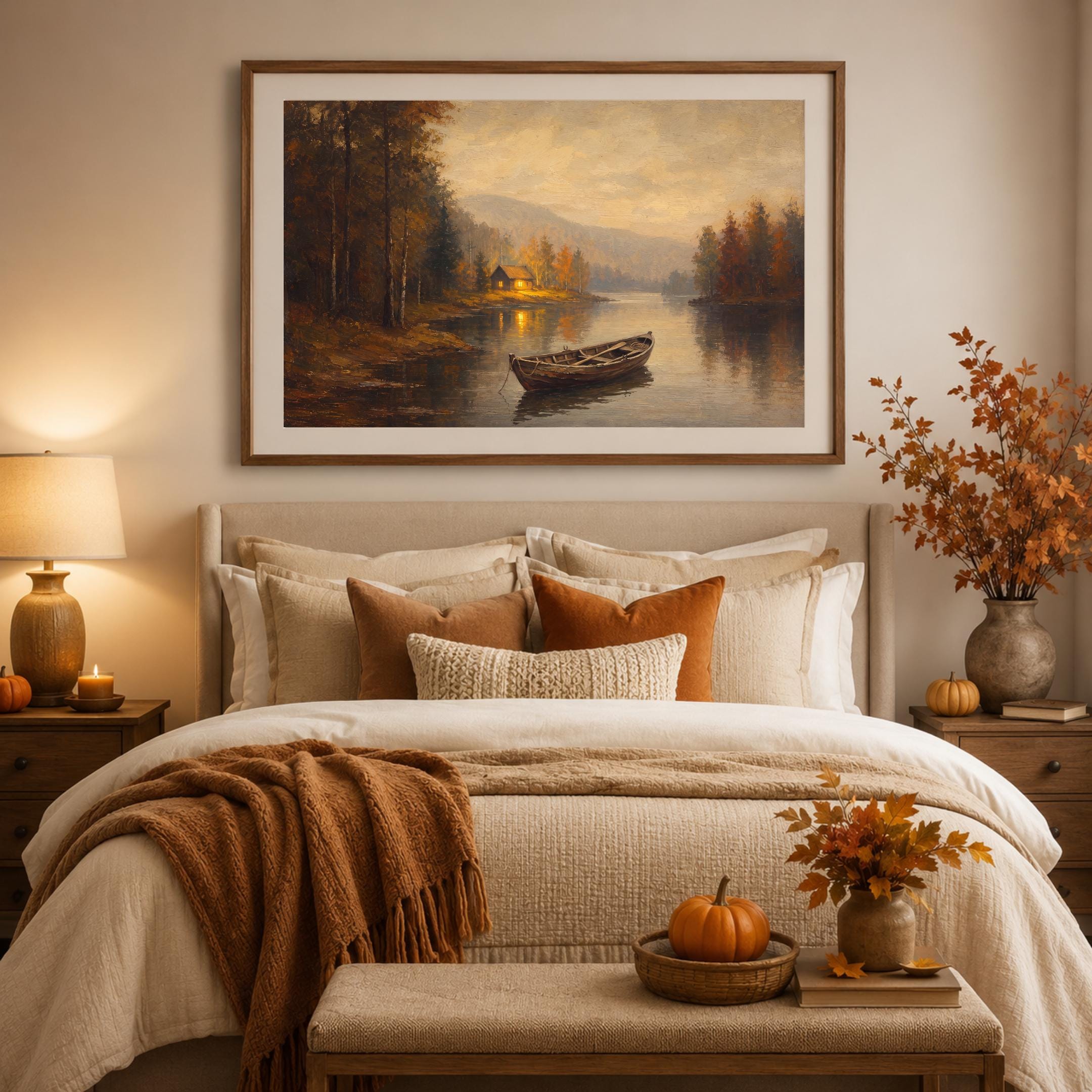 Fall Lake House Wall Art | Moody Vintage Boat Landscape Print | Rustic Printable Digital Download — image 5