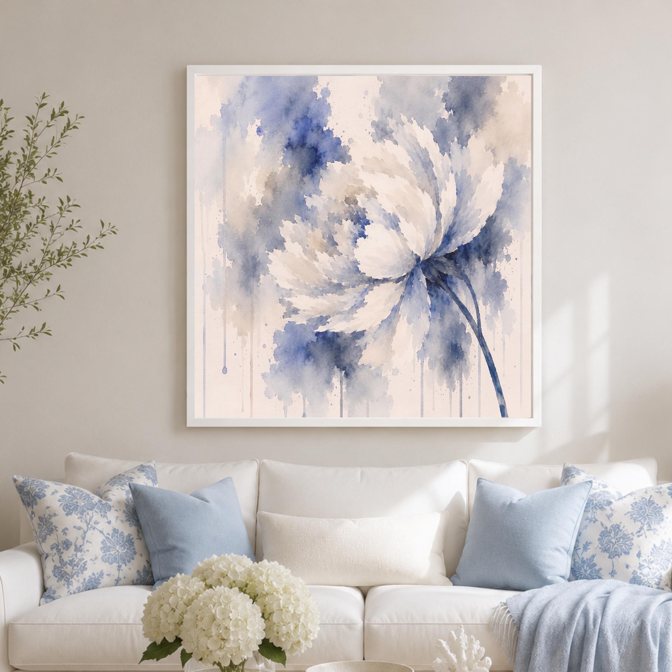 Watercolor Floral Wall Art Set of 2, Blue White Abstract Flower Prints (Digital Download) — image 4