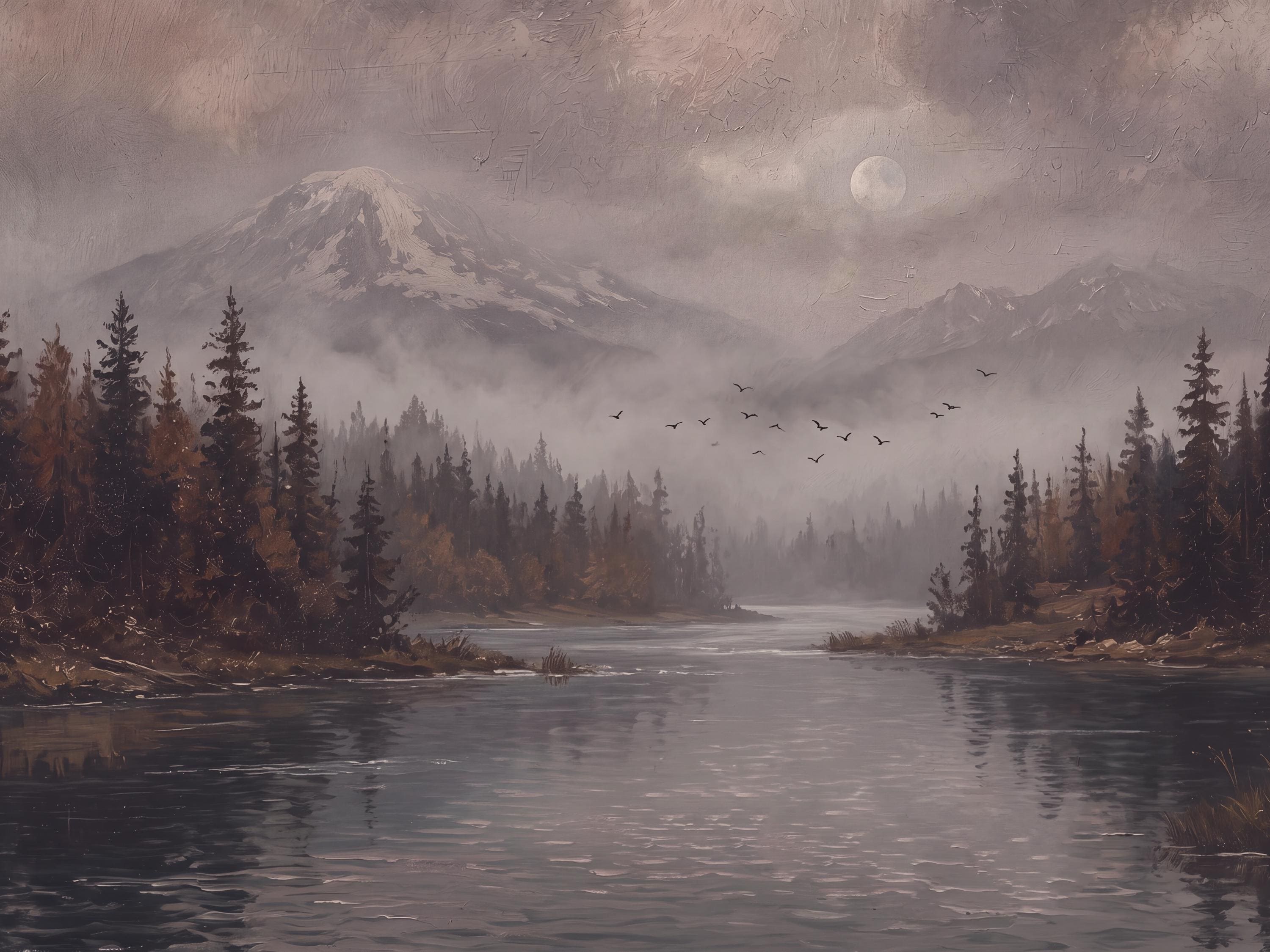 Moody Autumn River Printable Wall Art, Vintage Mountain Forest Landscape, Dark Academia Digital Download — image 2