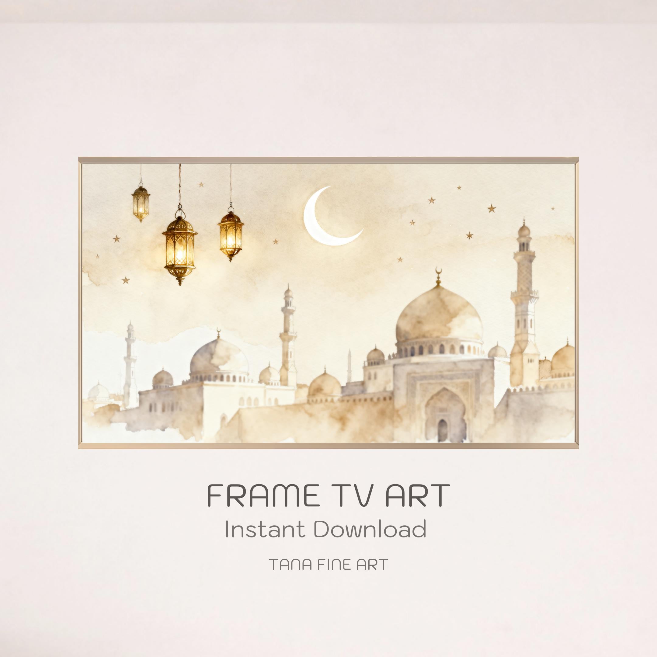 Crescent Mosque Frame TV Art | Neutral Beige Lantern | Islamic Art 4K Digital Download