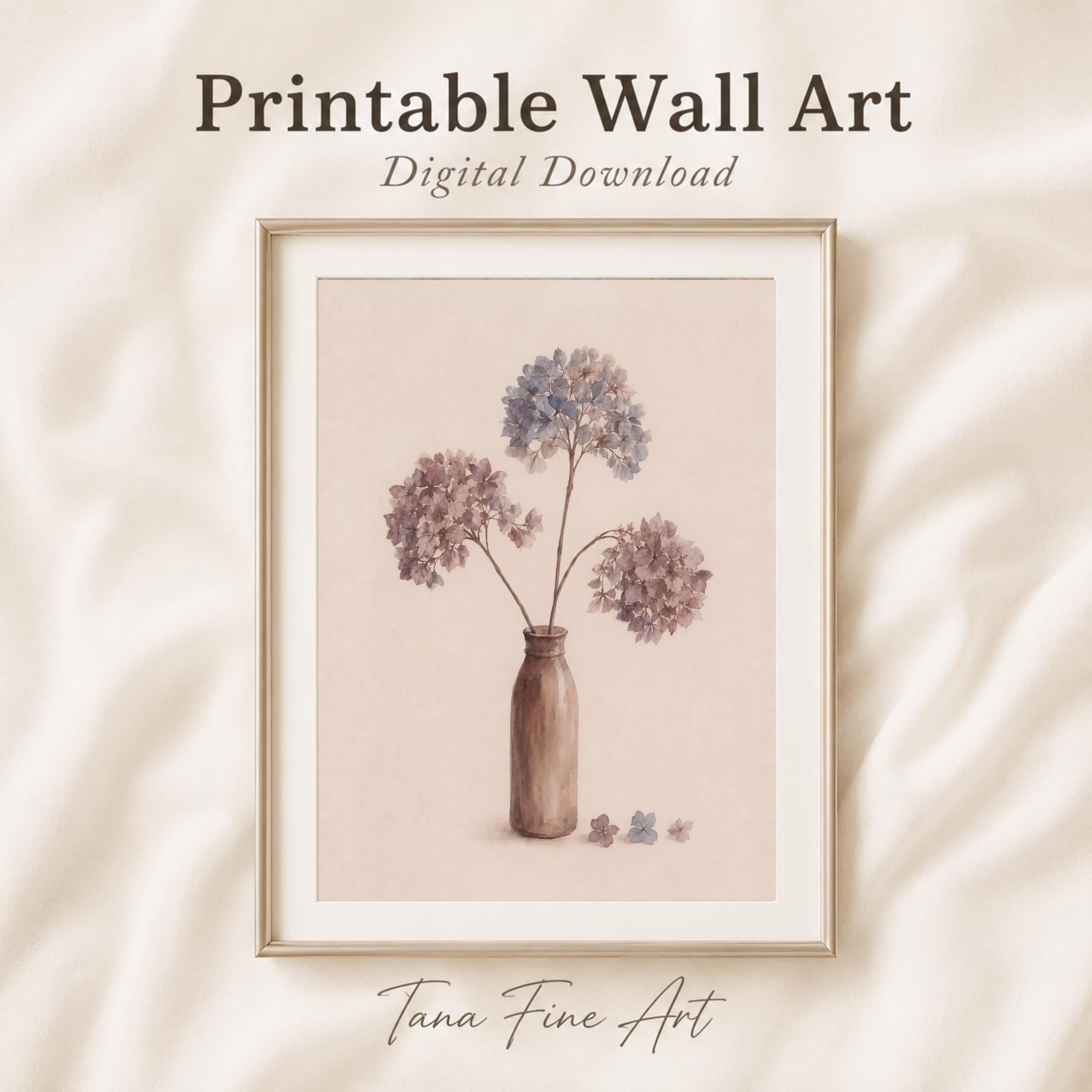 Fall Hydrangea Wall Art | Vintage Floral Vase Print | Neutral Printable Digital Download