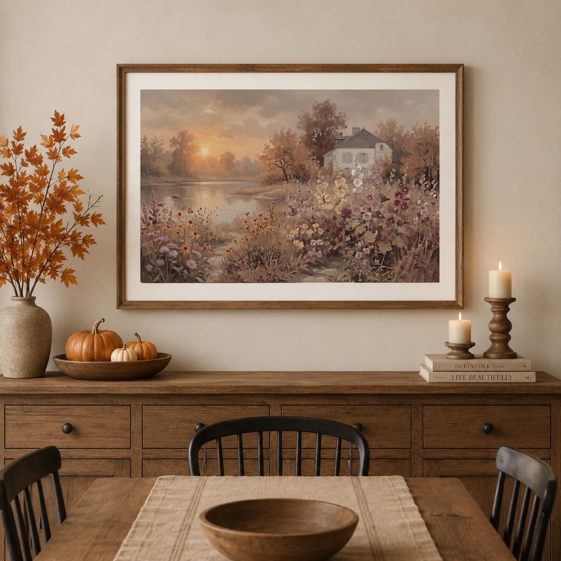 Fall Cottage Lake Wall Art, Autumn Floral Landscape Print, Rustic Farmhouse Decor (Digital Download) — image 10